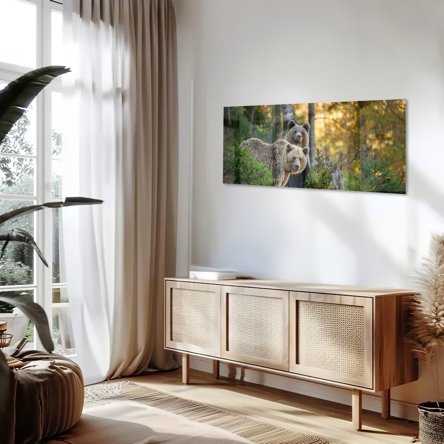 Glasbild mit zwei niedlichen Bären im Wald – Glasbild aus Sicherheitsglas, Größe 60x60_rond