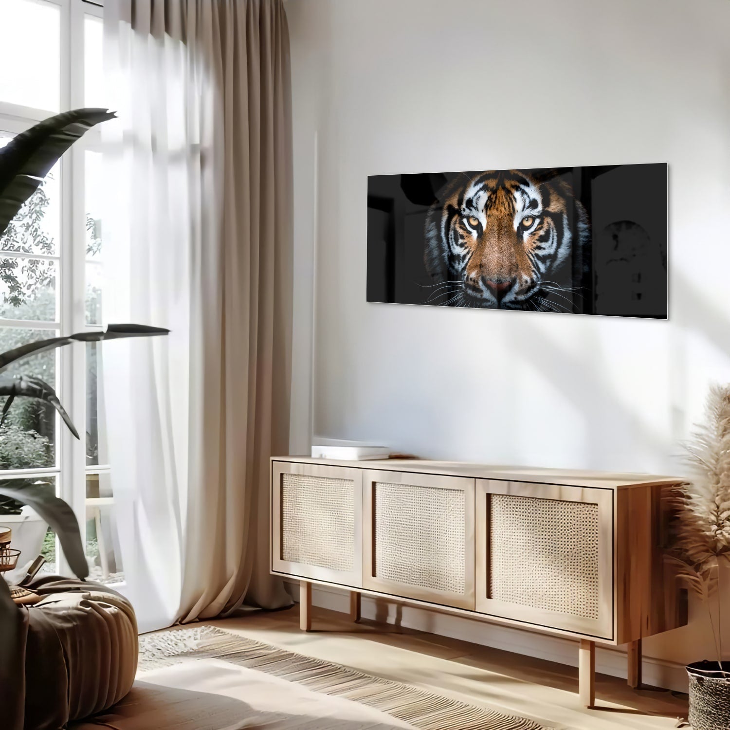 Beeindruckendes Glasbild mit einem Tigergesicht – Glasbild aus Sicherheitsglas, Größe 60x60_rond