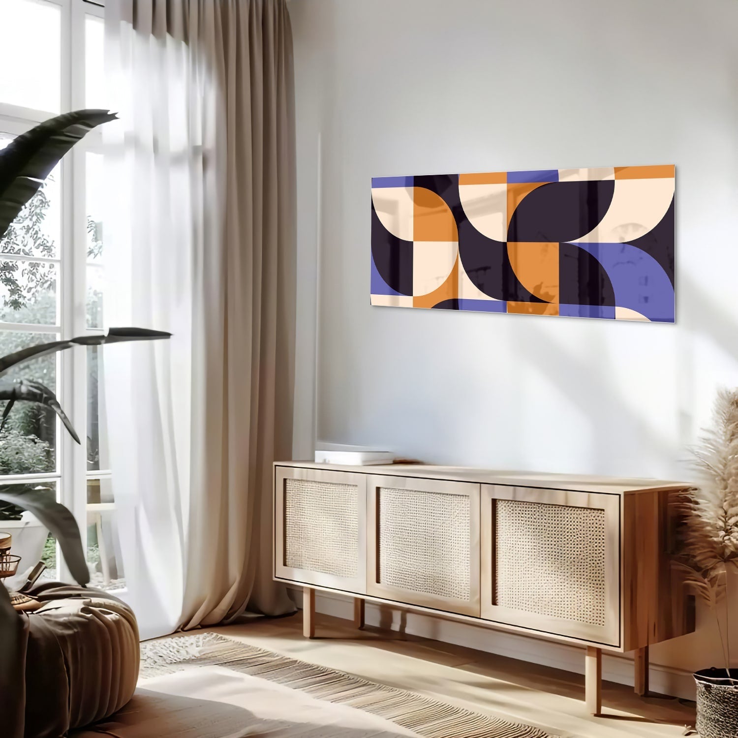 Abstraktes Glasbild in blauen und Orangetönen – Glasbild aus Sicherheitsglas, Größe 60x60_rond