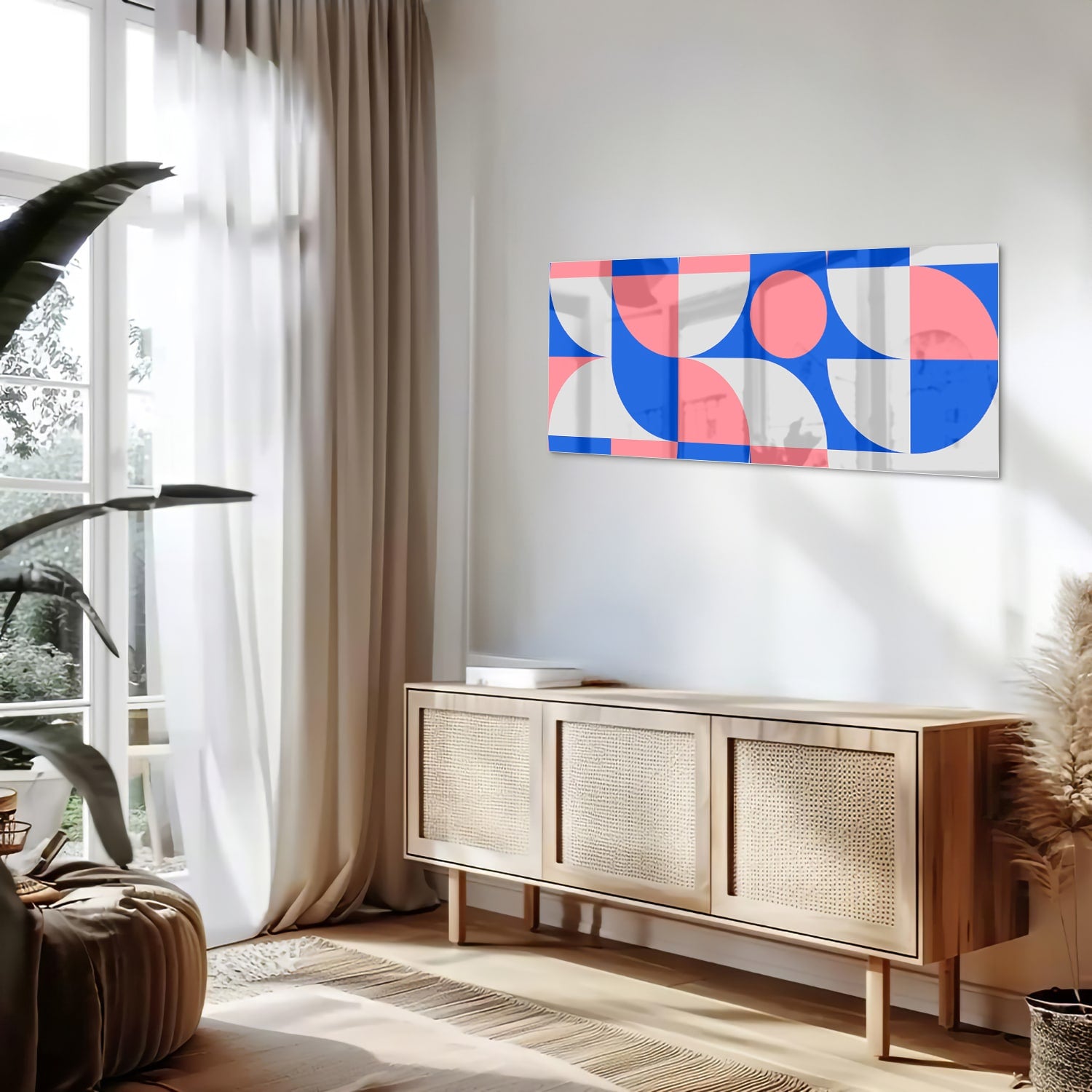 Abstraktes Glasbild mit blauen und rosa Farbtönen – Glasbild aus Sicherheitsglas, Größe 60x60_rond