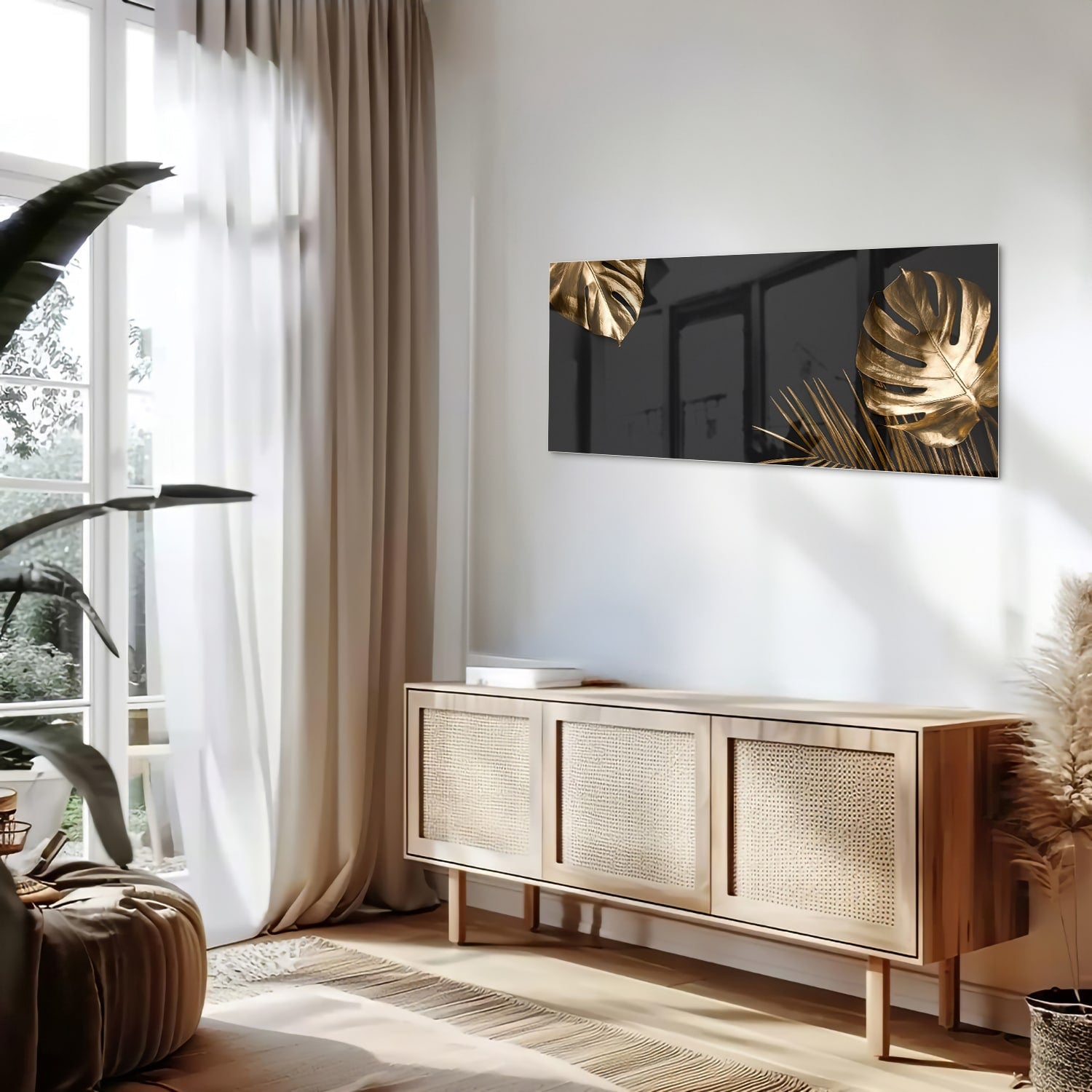 Glänzendes Glasbild mit goldenen Blättern – Glasbild aus Sicherheitsglas, Größe 60x60_rond