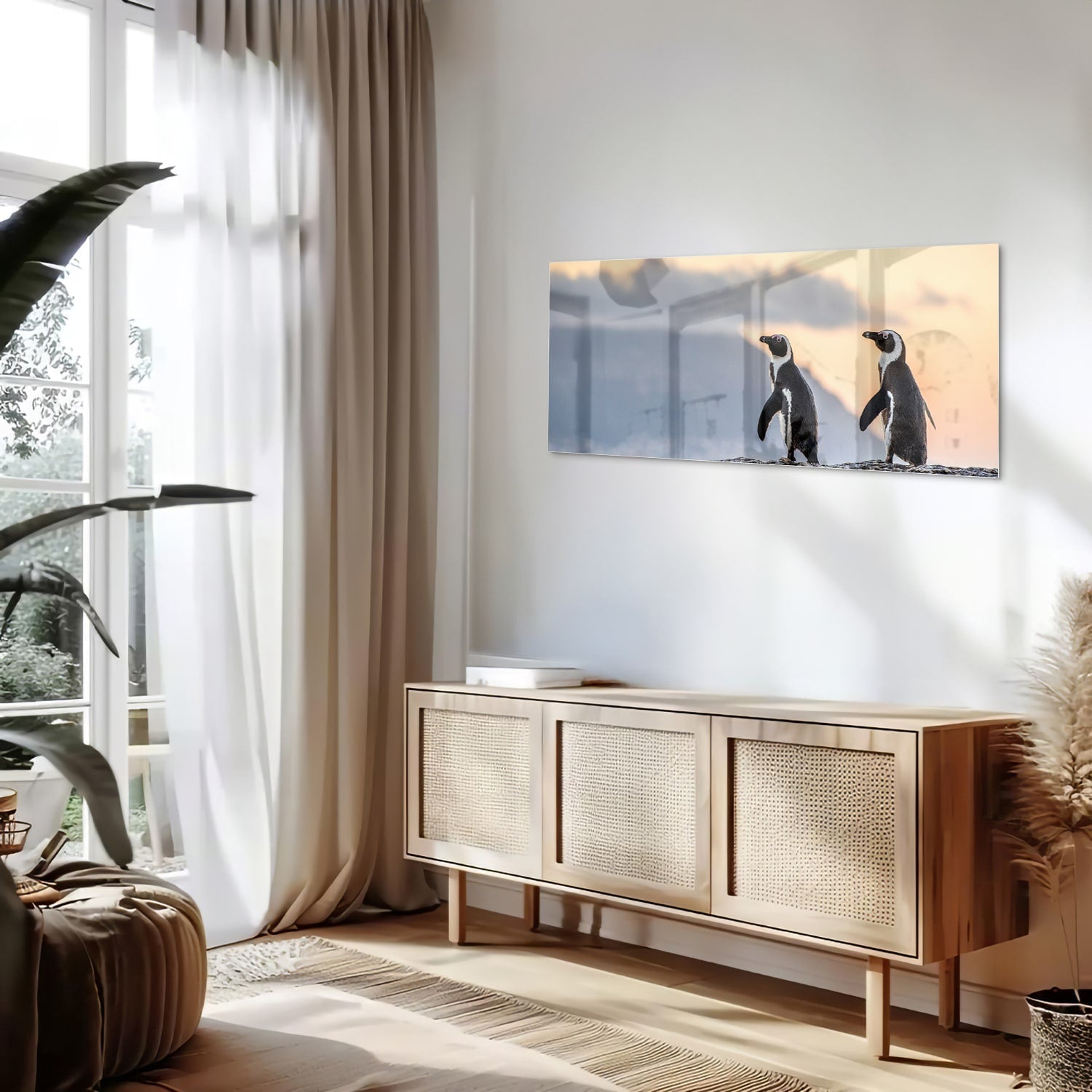 Glasbild mit Pinguinen bei Sonnenuntergang – Glasbild aus Sicherheitsglas, Größe 60x60_rond