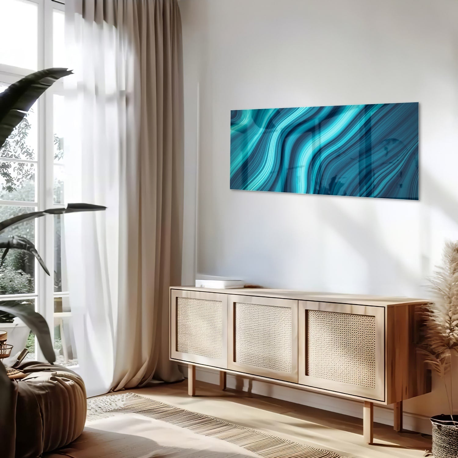 Stilvolles Glasbild mit blauen Wellen – Glasbild aus Sicherheitsglas, Größe 60x60_rond