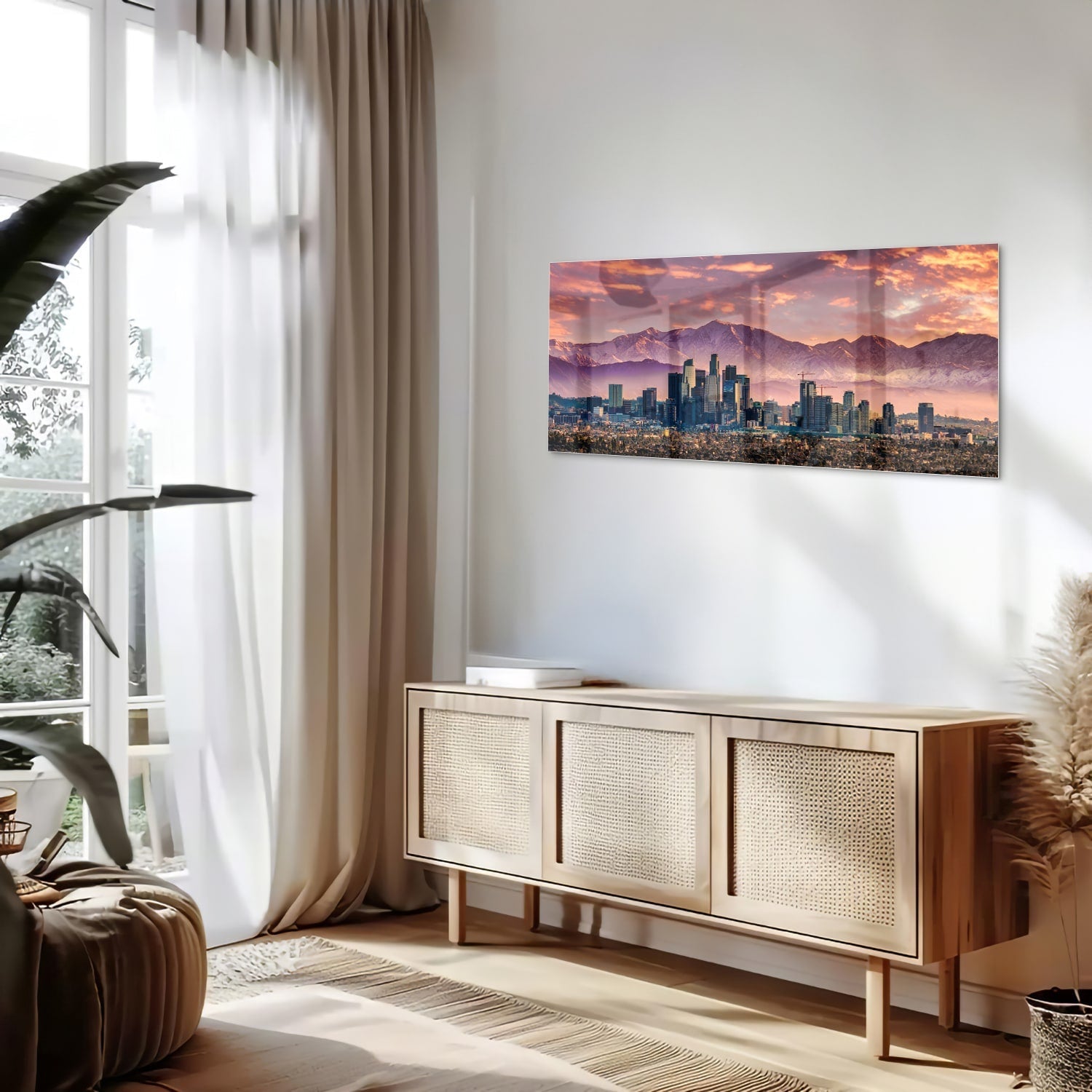 Glasbild Stadtpanorama bei Sonnenuntergang – Glasbild aus Sicherheitsglas, Größe 60x60_rond