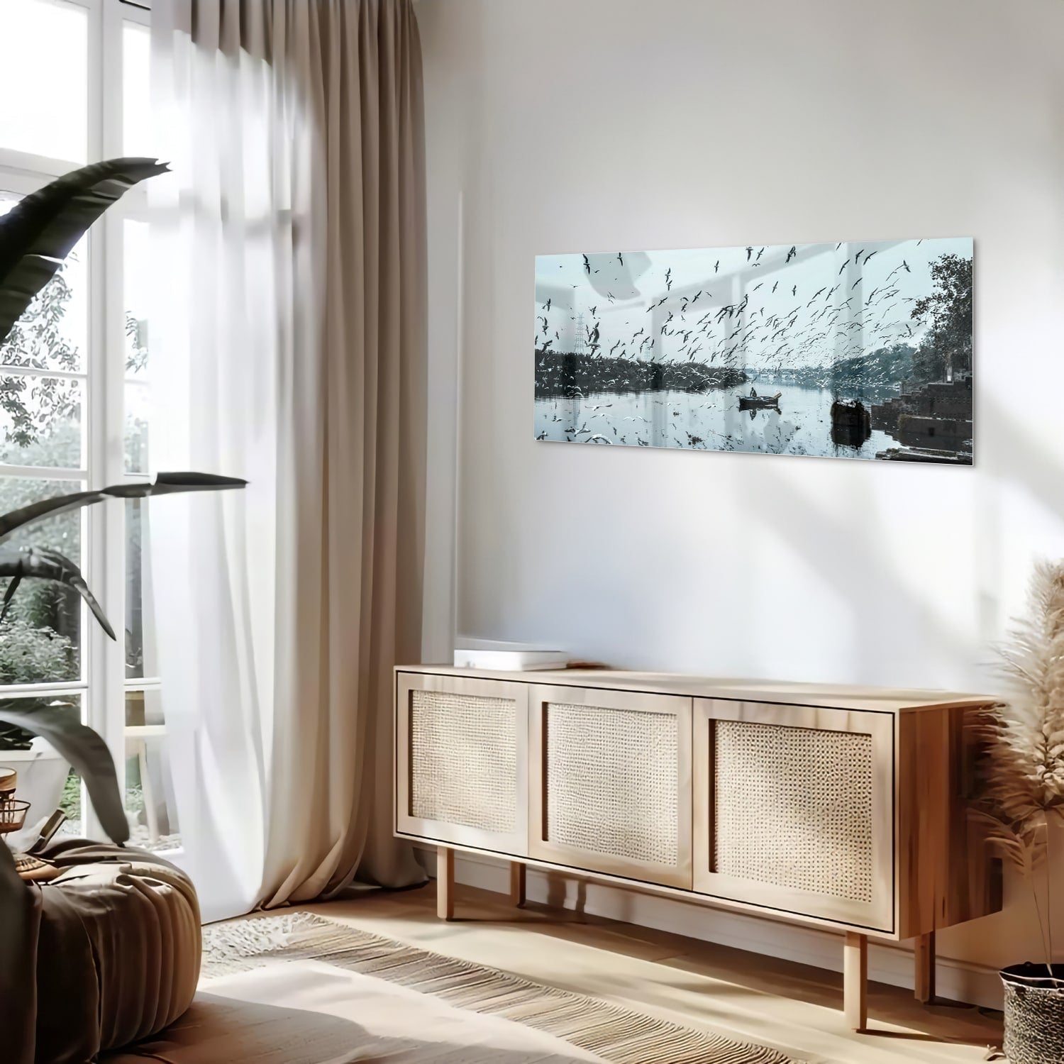 Glasbild mit Vögeln über einer ruhigen Wasserreflexion – Glasbild aus Sicherheitsglas, Größe 60x60_rond