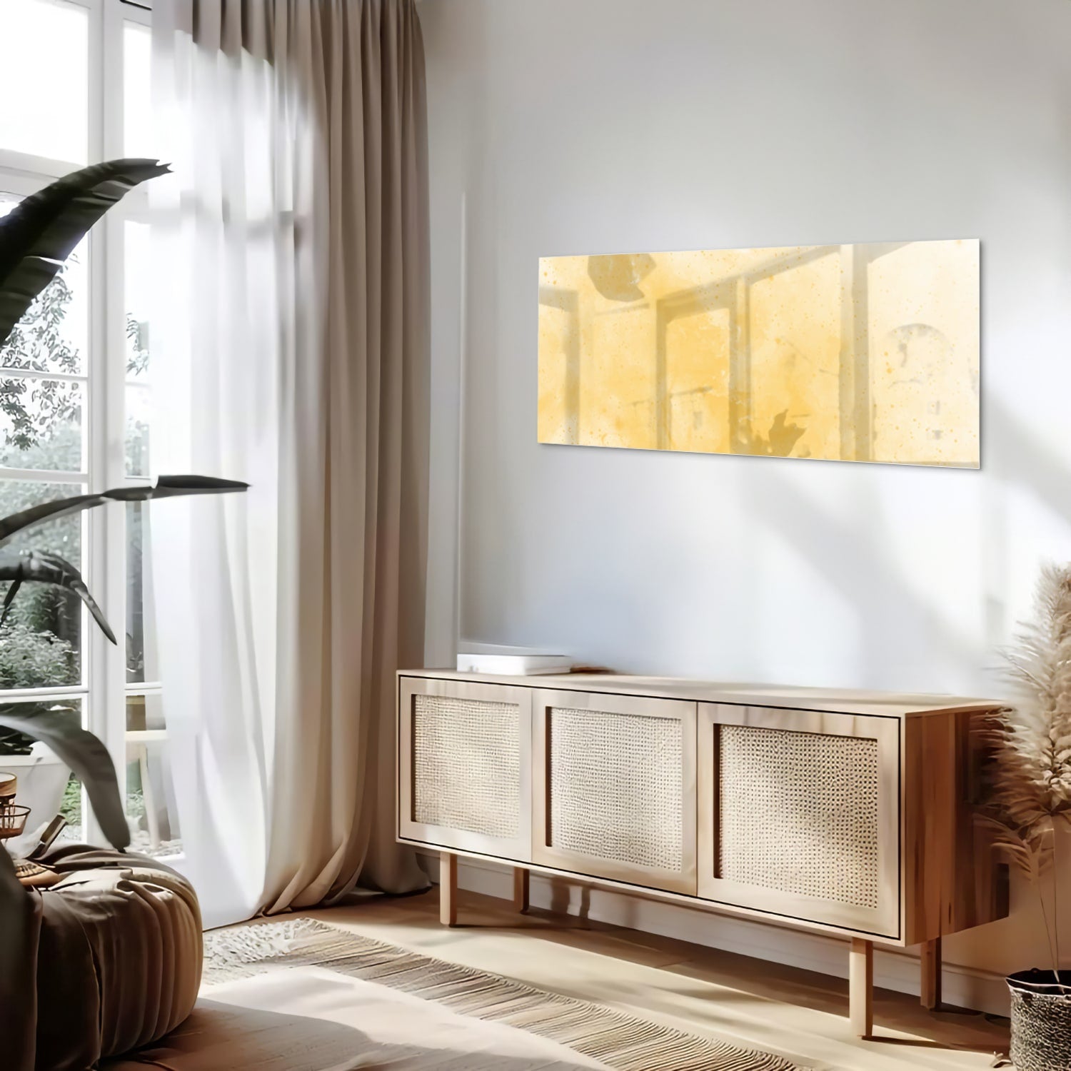 Goldenes abstraktes Glasbild für moderne Innenräume – Glasbild aus Sicherheitsglas, Größe 60x60_rond
