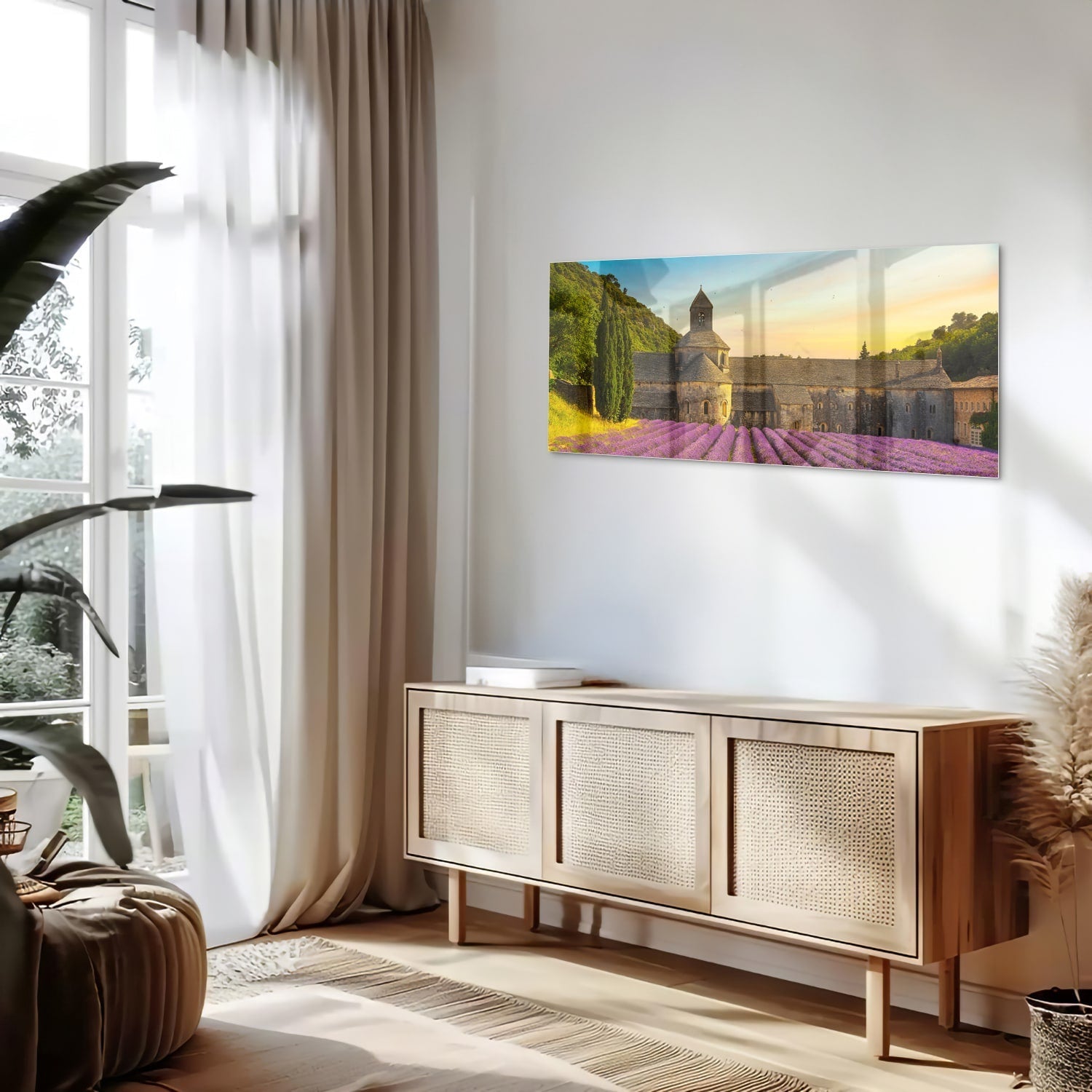 Wunderschönes Glasbild mit Lavendelfeldern – Glasbild aus Sicherheitsglas, Größe 60x60_rond