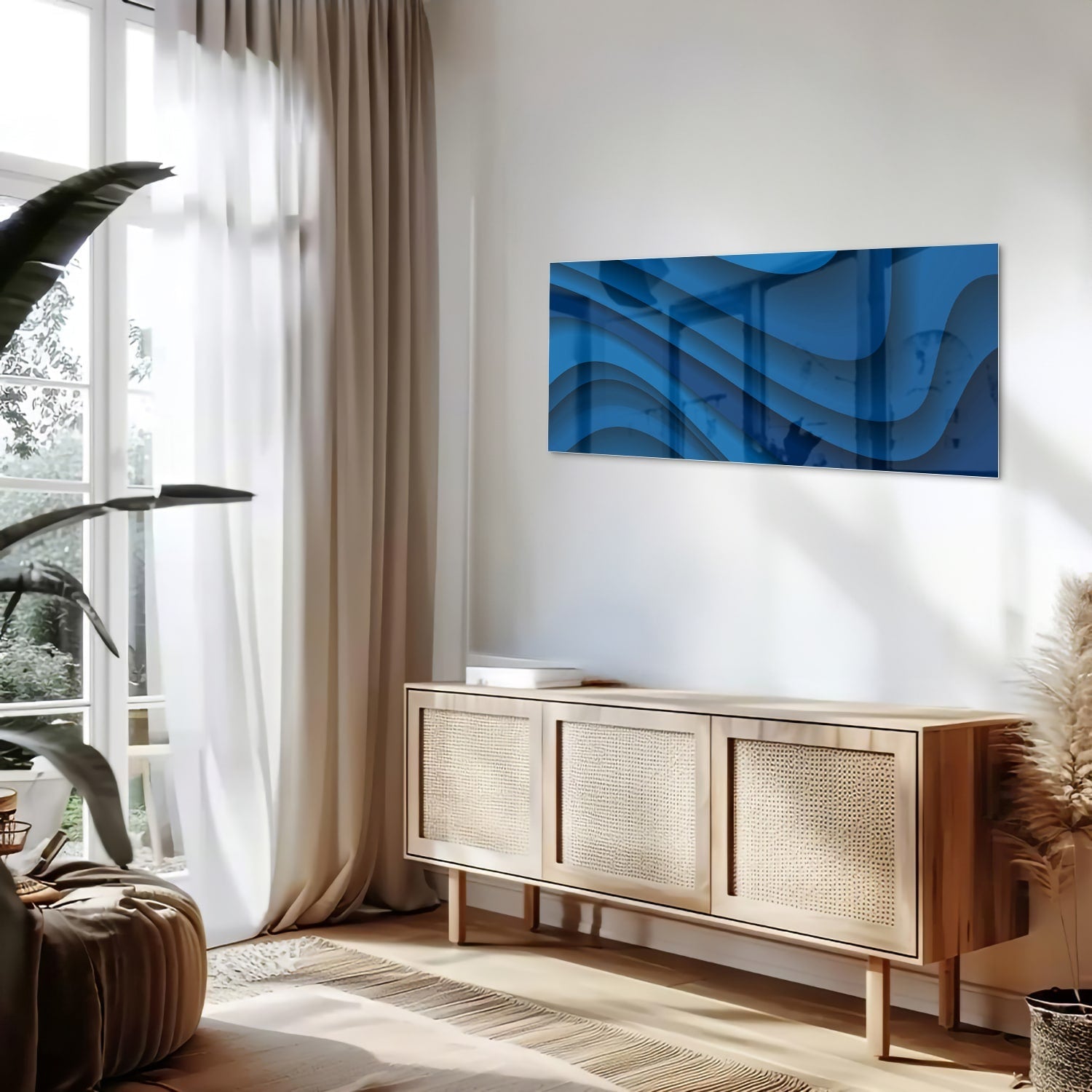 Modernes Glasbild in verschiedenen Blautönen – Glasbild aus Sicherheitsglas, Größe 60x60_rond