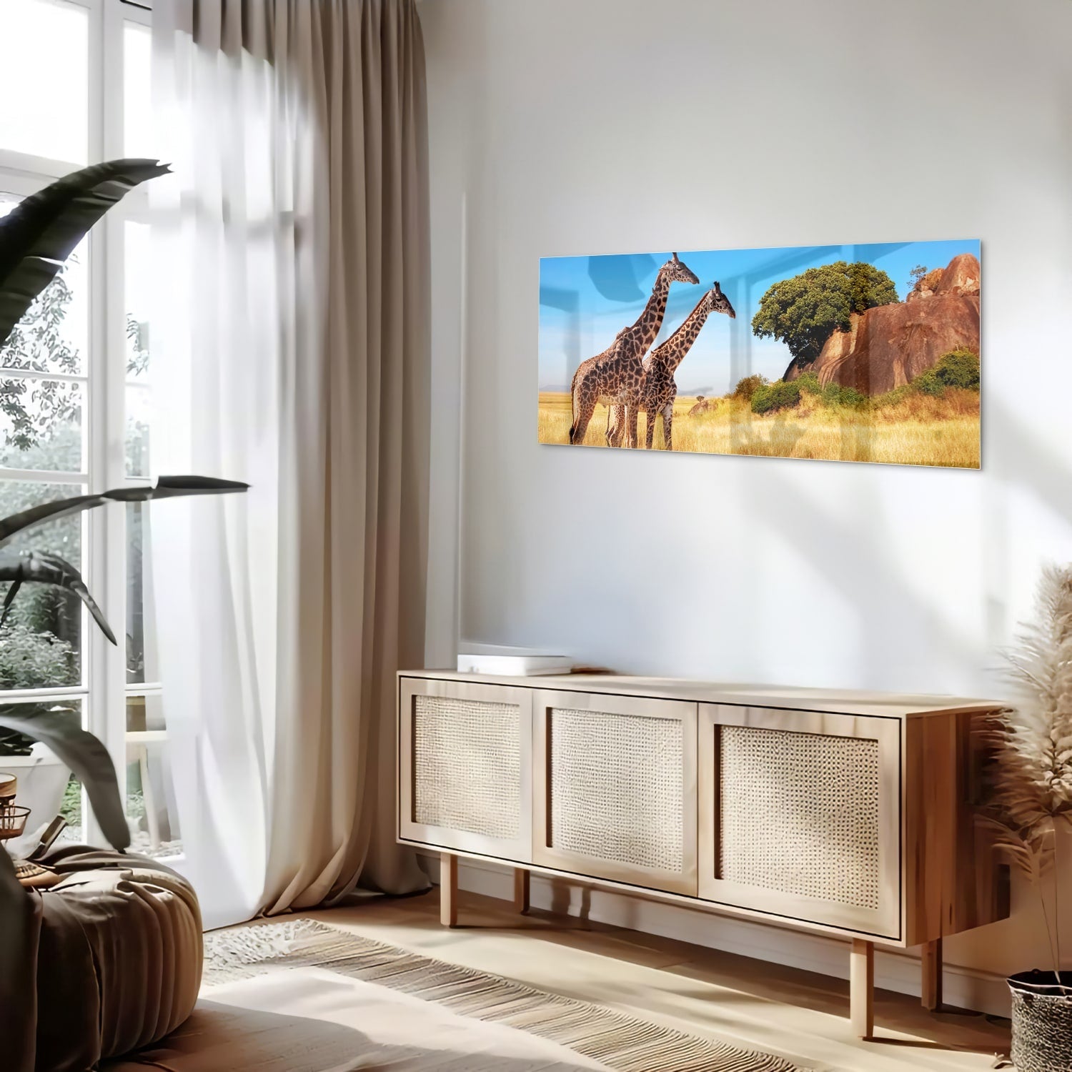 Glasbild mit zwei Giraffen in der afrikanischen Landschaft – Glasbild aus Sicherheitsglas, Größe 60x60_rond