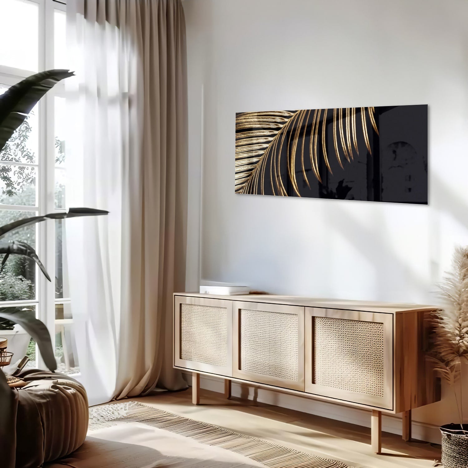 Goldfarbenes Glasbild mit Palmblatt auf schwarzem Hintergrund – Glasbild aus Sicherheitsglas, Größe 60x60_rond