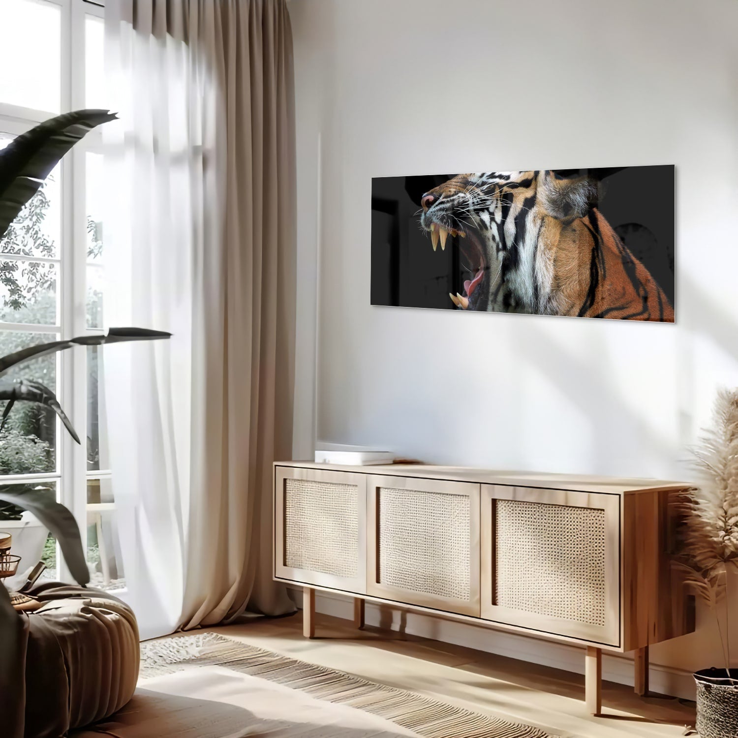 Beeindruckendes Glasbild mit einem brüllenden Tiger – Glasbild aus Sicherheitsglas, Größe 60x60_rond
