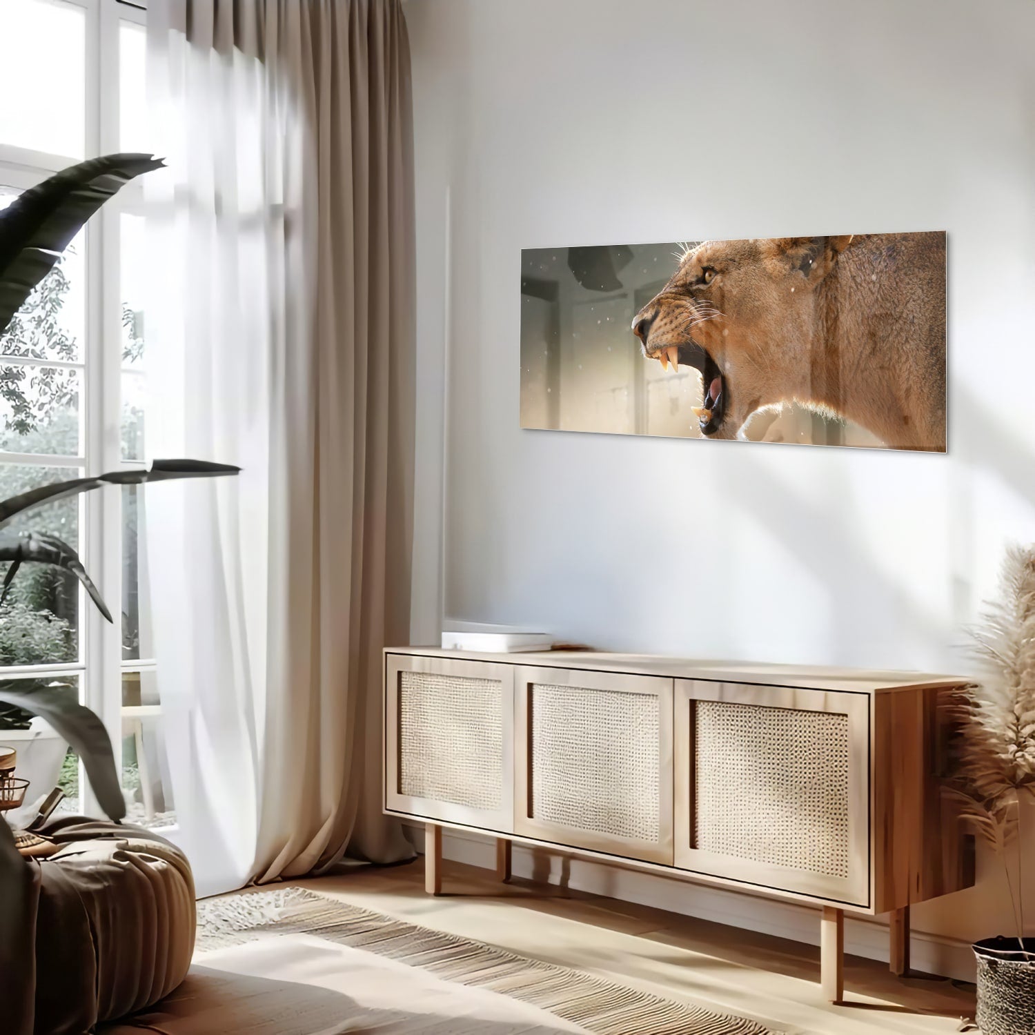 Beeindruckendes Glasbild mit einem brüllenden Löwen – Glasbild aus Sicherheitsglas, Größe 60x60_rond