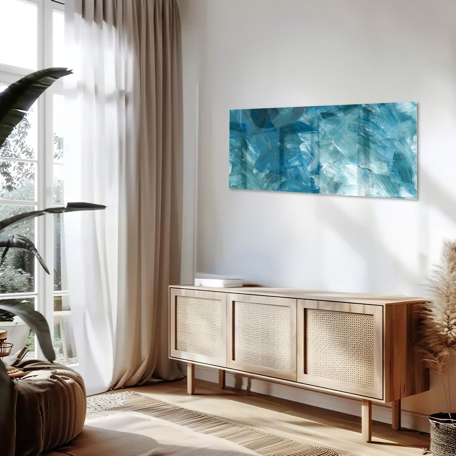 Abstraktes Glasbild in harmonischen Blautönen – Glasbild aus Sicherheitsglas, Größe 60x60_rond