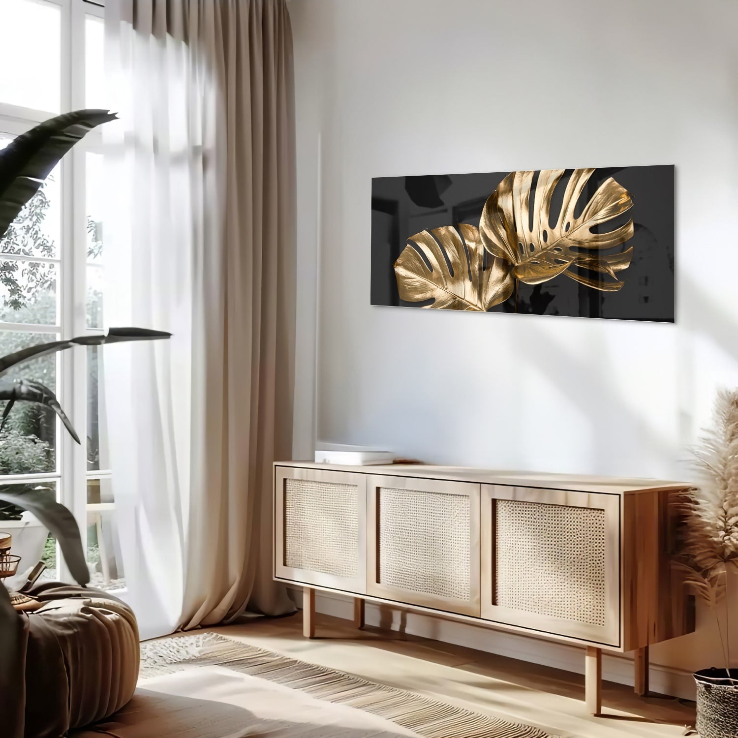 Goldenes Monstera-Glasbild für Wanddekoration – Glasbild aus Sicherheitsglas, Größe 60x60_rond