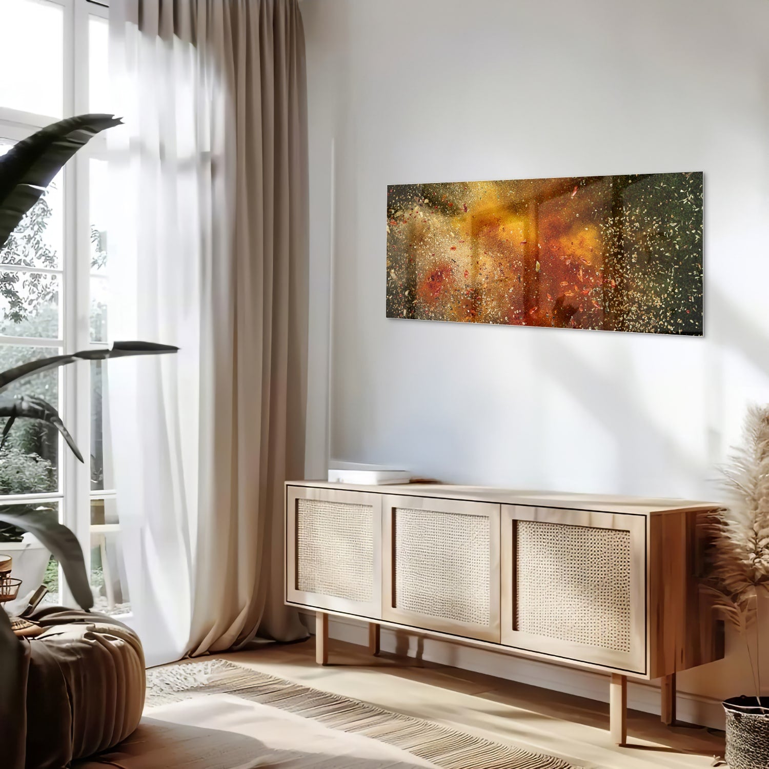 Abstraktes Glasbild mit warmen Farben – Glasbild aus Sicherheitsglas, Größe 60x60_rond
