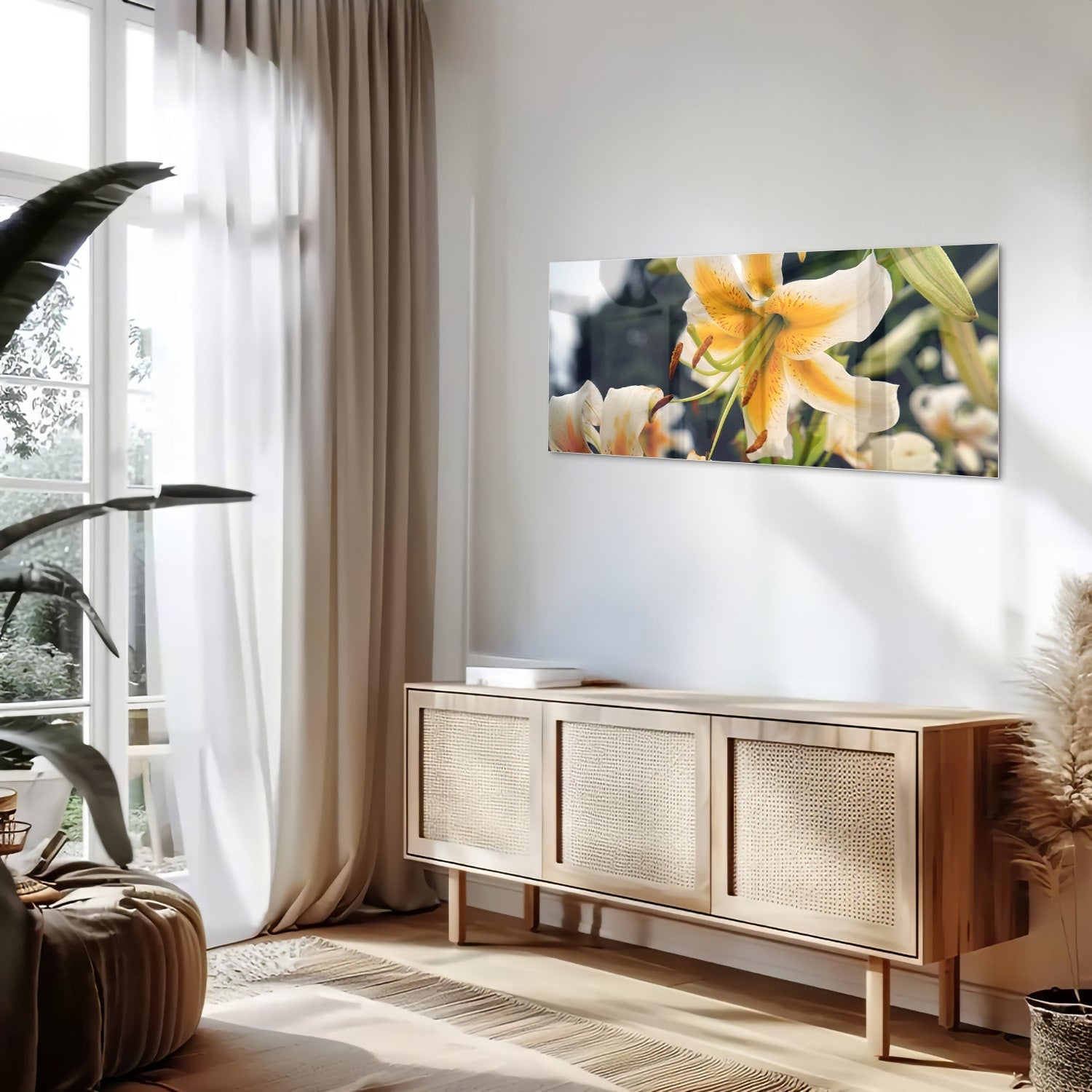 Elegantes Glasbild mit Lilien – Glasbild aus Sicherheitsglas, Größe 60x60_rond