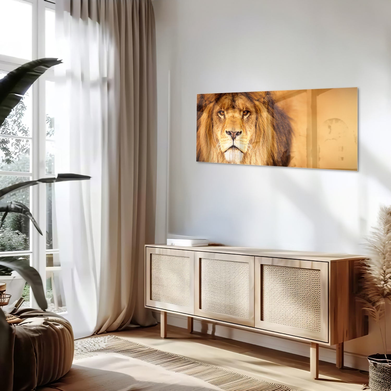 Glasbild mit majestätischem Löwen für Ihr Interieur – Glasbild aus Sicherheitsglas, Größe 60x60_rond