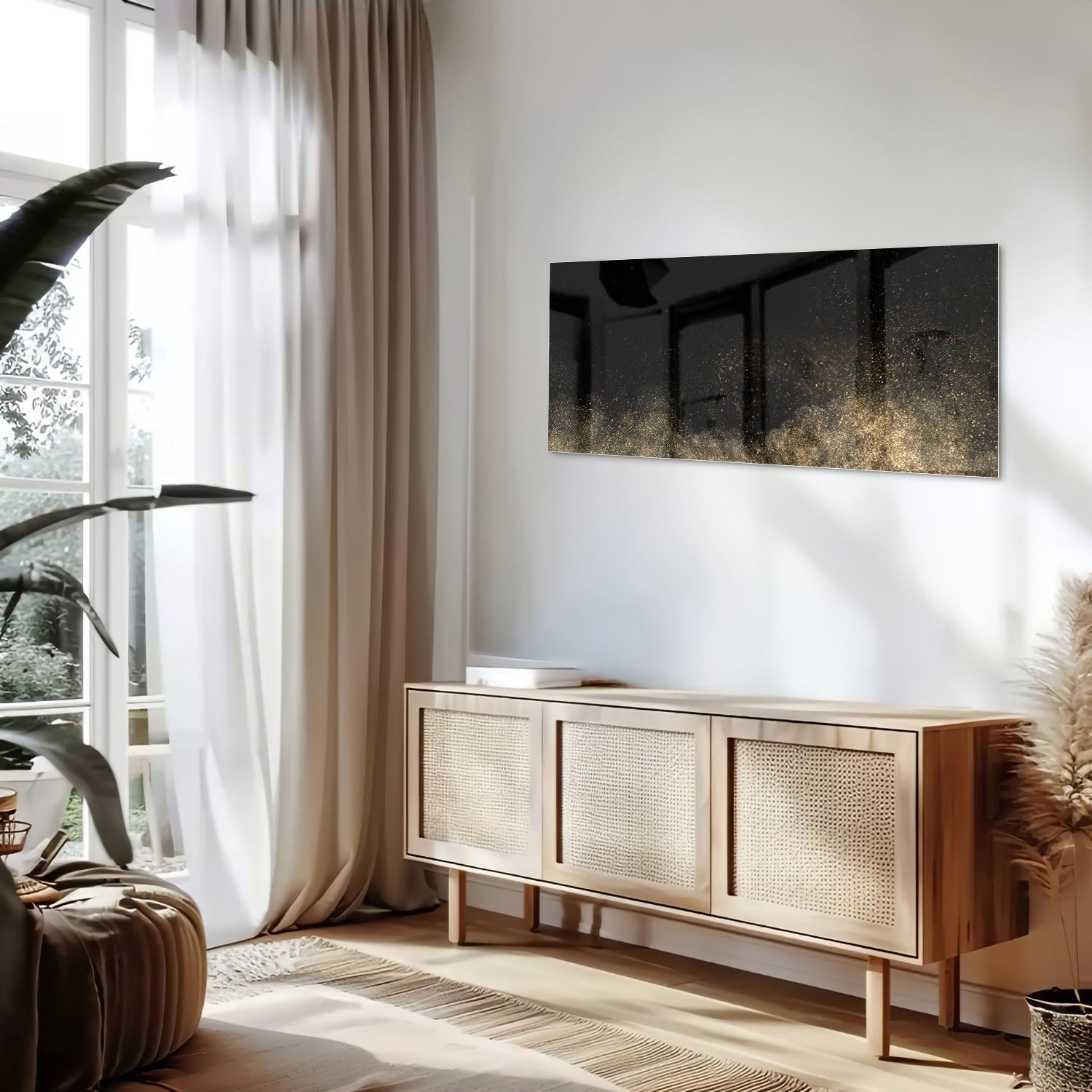 Stilvolles Glasbild mit schwarzen und goldenen Akzenten – Glasbild aus Sicherheitsglas, Größe 60x60_rond