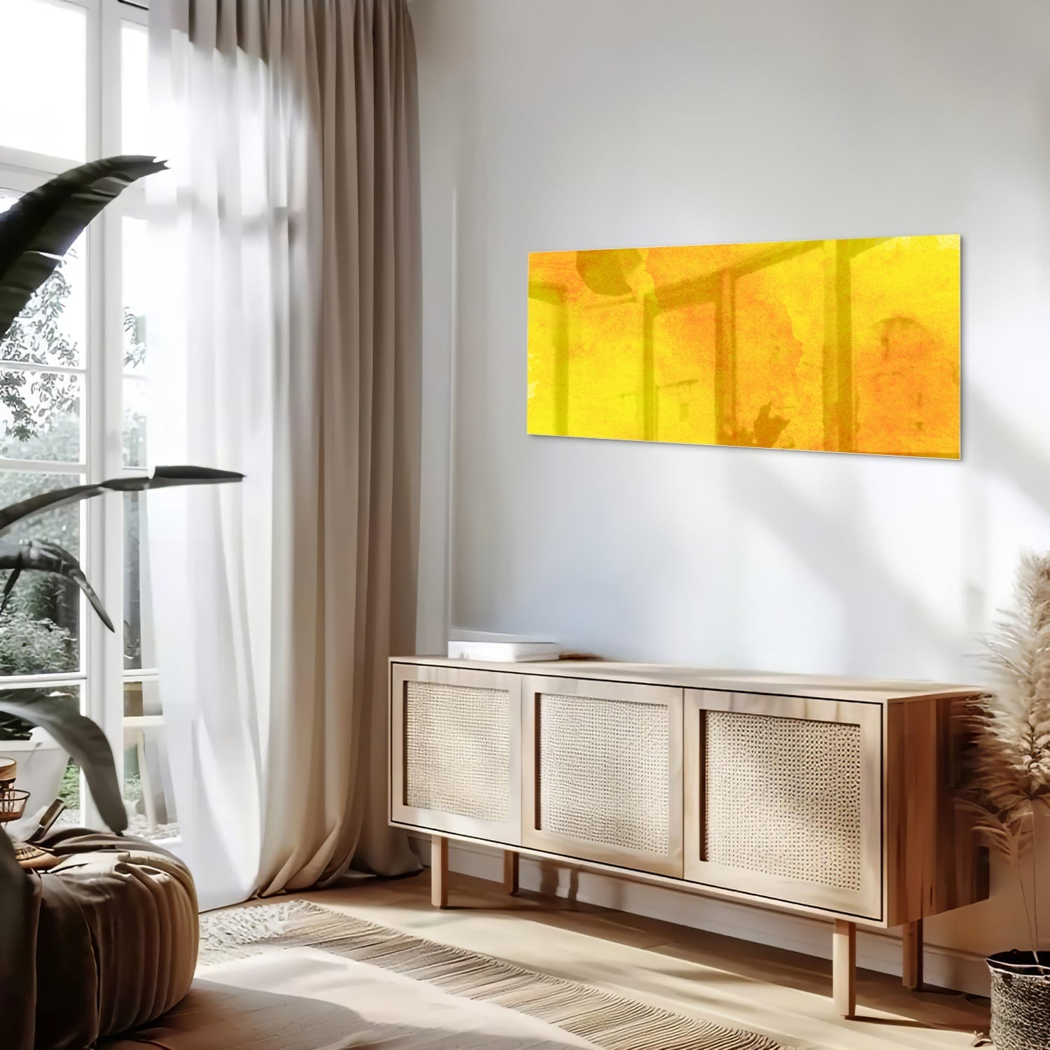 Leuchtend gelbes Glasbild für ein geradliniges Interieur – Glasbild aus Sicherheitsglas, Größe 60x60_rond