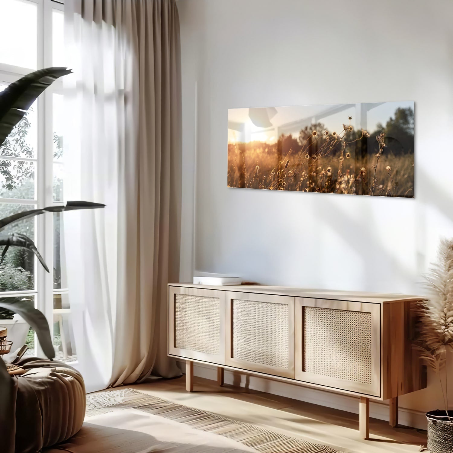 Zauberhaftes Glasbild mit goldenem Sonnenuntergang – Glasbild aus Sicherheitsglas, Größe 60x60_rond