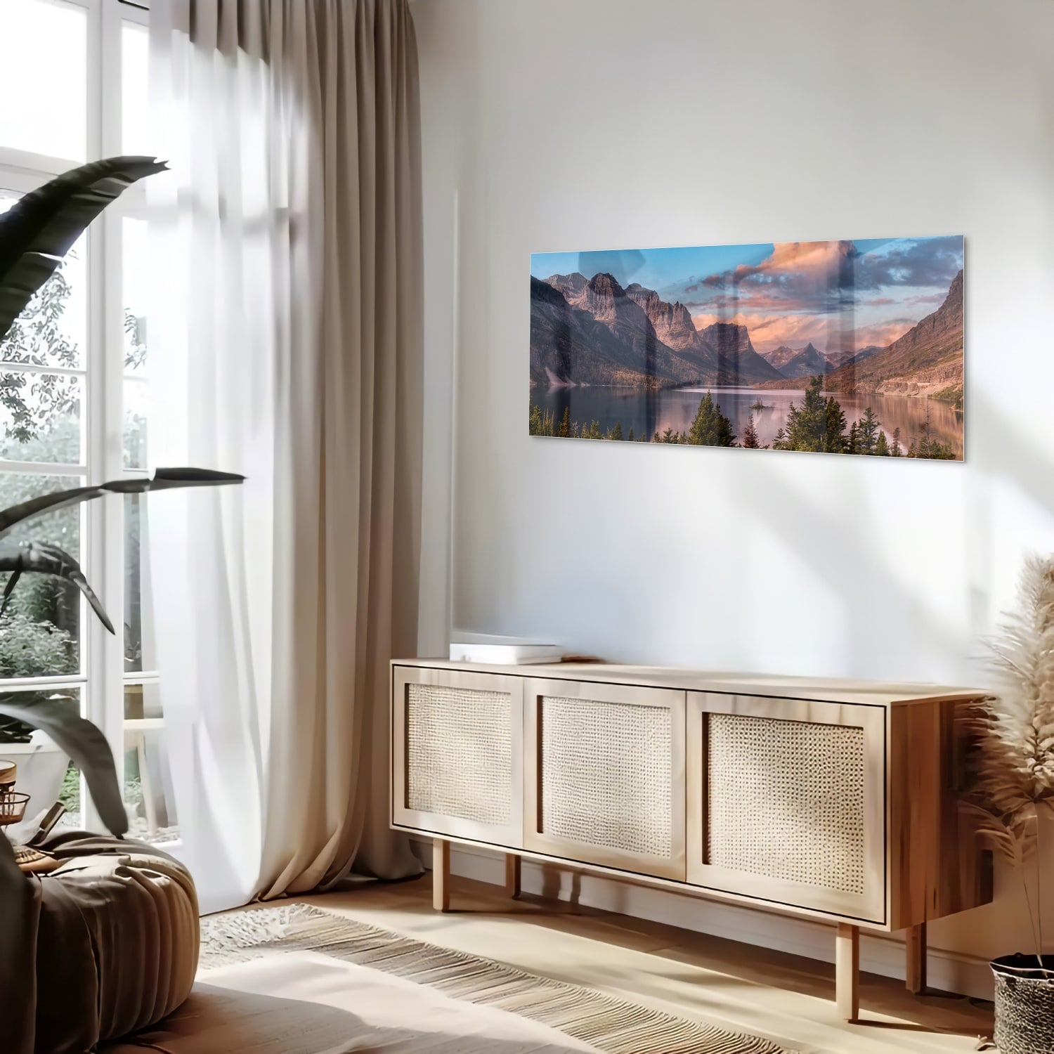 Glasbild mit Bergen bei Sonnenaufgang – Glasbild aus Sicherheitsglas, Größe 60x60_rond