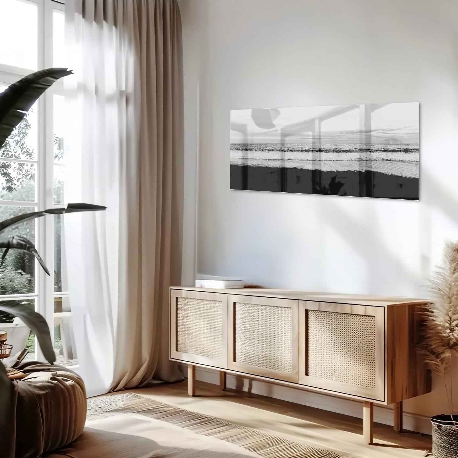 Minimalistisches Schwarz-Weiß-Glasbild – Glasbild aus Sicherheitsglas, Größe 60x60_rond