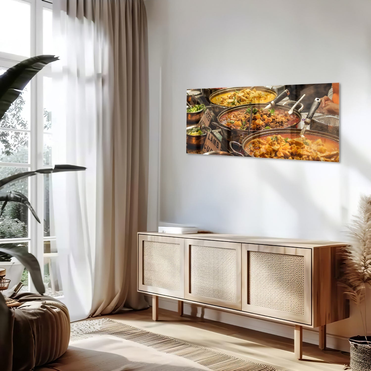 Farbenfrohes Glasbild mit indischem Essen – Glasbild aus Sicherheitsglas, Größe 60x60_rond