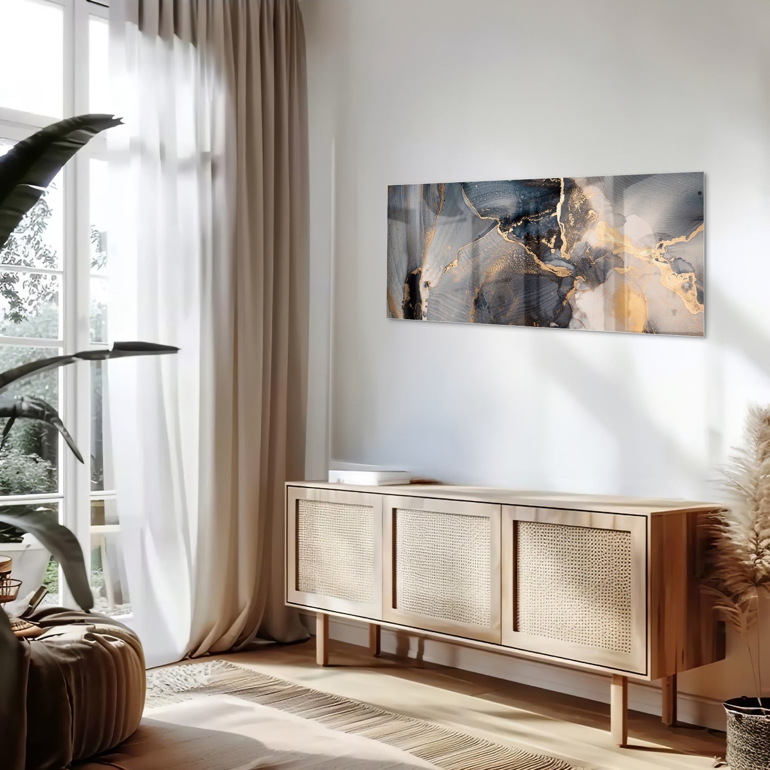 Elegantes Glasbild mit Blau und Gold – Glasbild aus Sicherheitsglas, Größe 60x60_rond