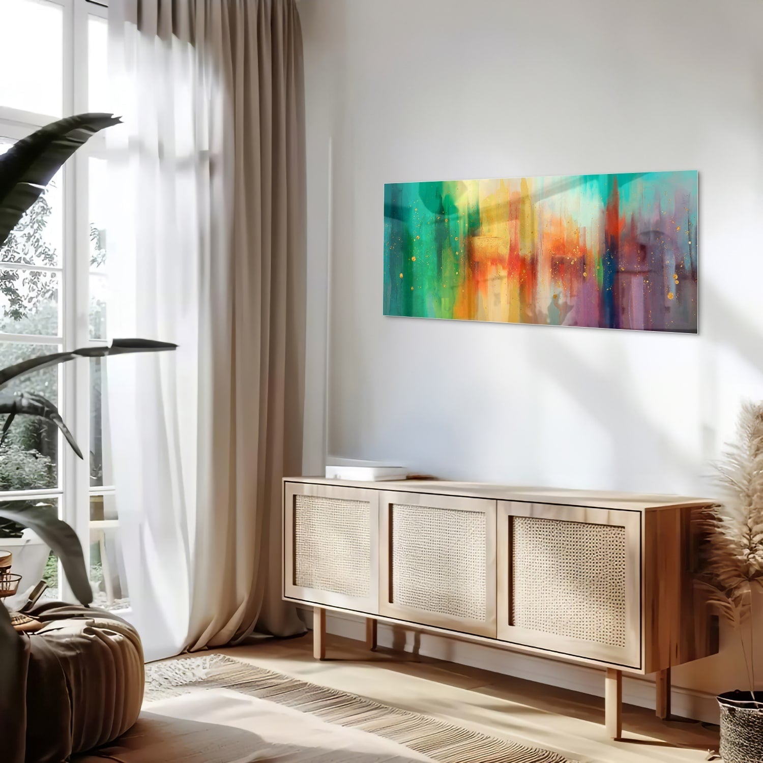 Farbenfrohes Glasbild mit abstrakten Formen – Glasbild aus Sicherheitsglas, Größe 60x60_rond