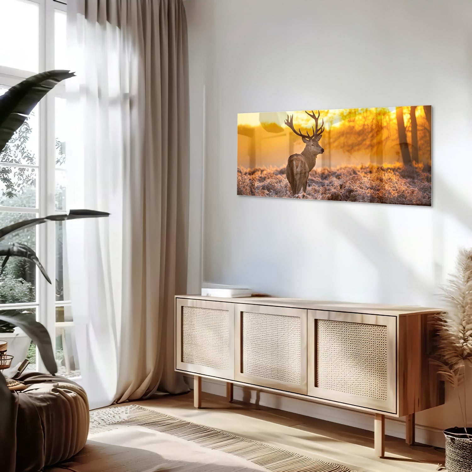 Glasbild mit einem Hirsch in der aufgehenden Sonne – Glasbild aus Sicherheitsglas, Größe 60x60_rond