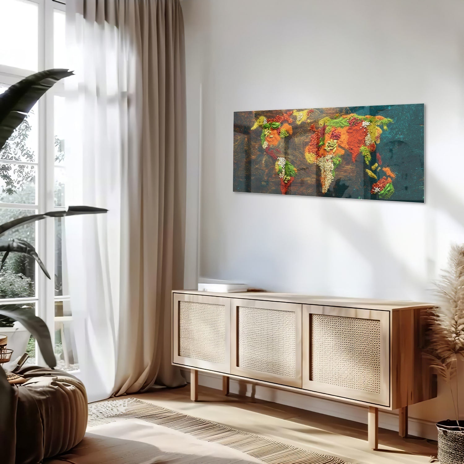 Einzigartiges Glasbild mit moderner Weltkarte – Glasbild aus Sicherheitsglas, Größe 60x60_rond