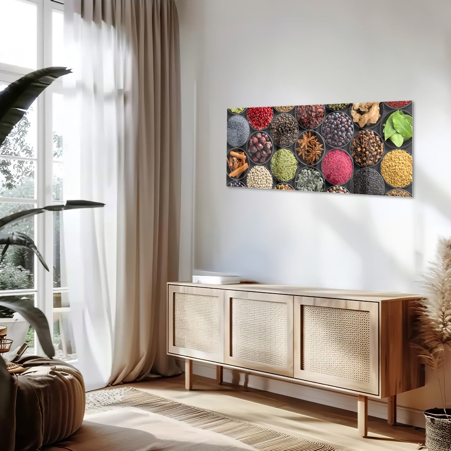 Farbenfrohes Glasbild mit Gewürzen und Kräutern – Glasbild aus Sicherheitsglas, Größe 60x60_rond