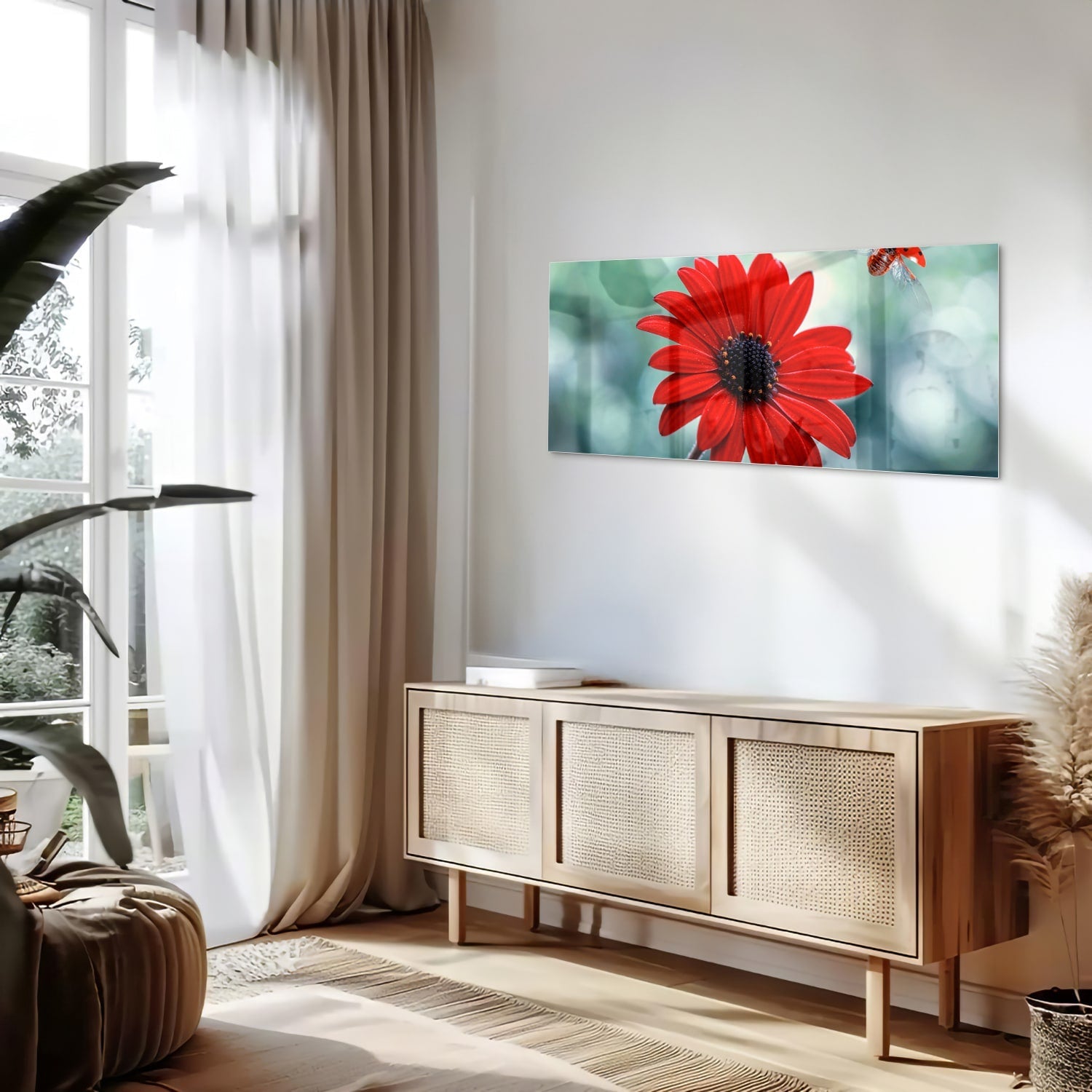 Beeindruckendes Glasbild mit einem roten Löwenzahn – Glasbild aus Sicherheitsglas, Größe 60x60_rond