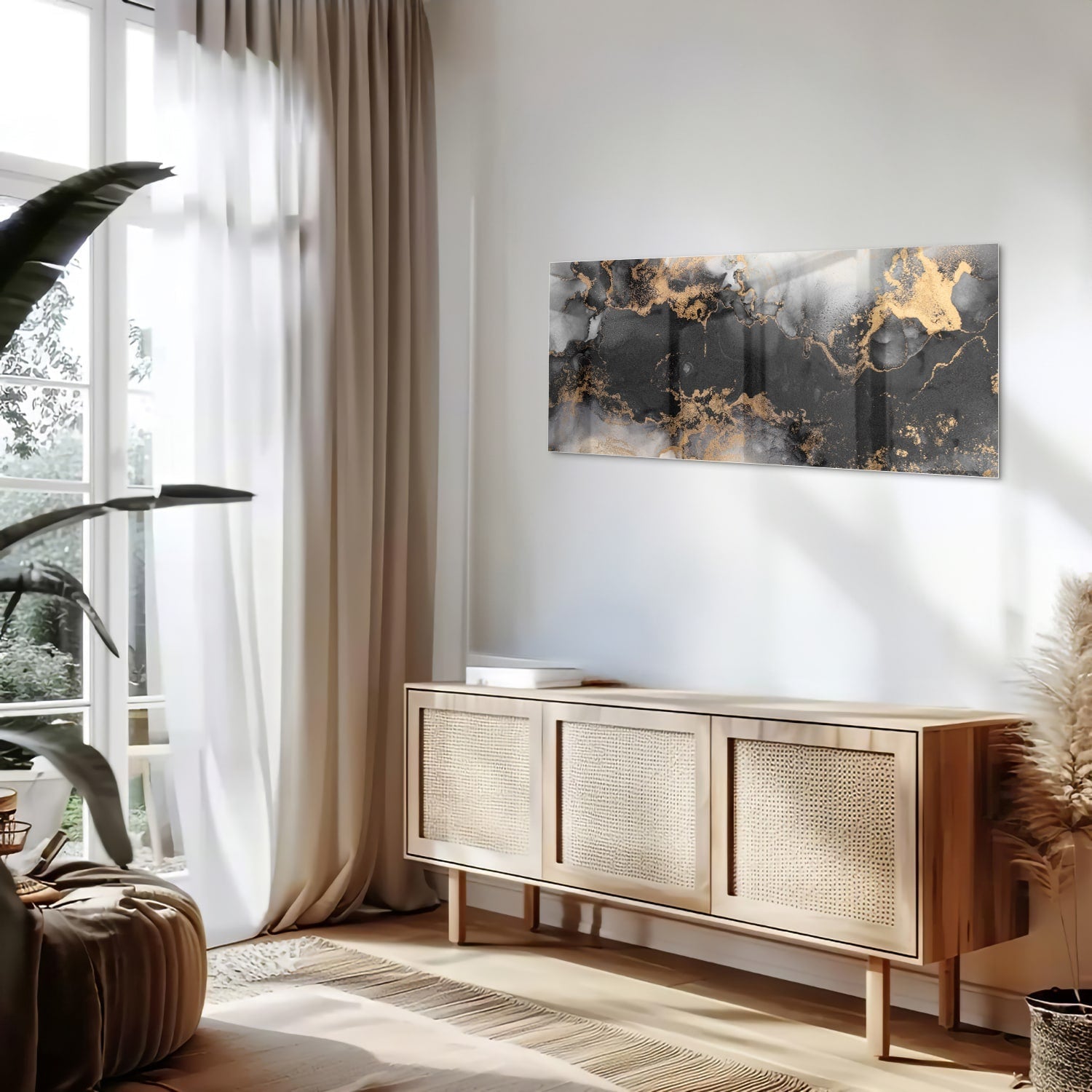 Elegantes Glasbild mit Gold und Schwarz – Glasbild aus Sicherheitsglas, Größe 60x60_rond