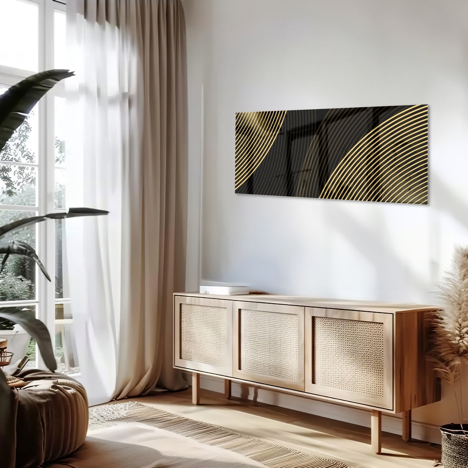 Geradliniges Glasbild mit goldenen Linien – Glasbild aus Sicherheitsglas, Größe 60x60_rond