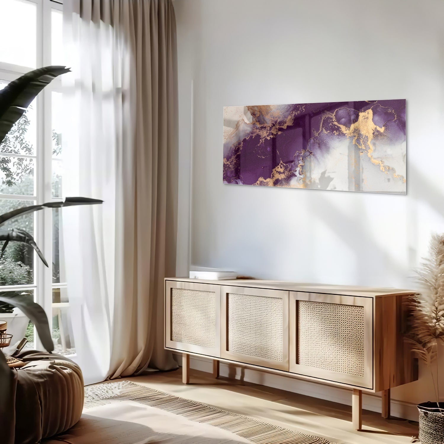 Violettes Glasbild mit goldenen Akzenten – Glasbild aus Sicherheitsglas, Größe 60x60_rond