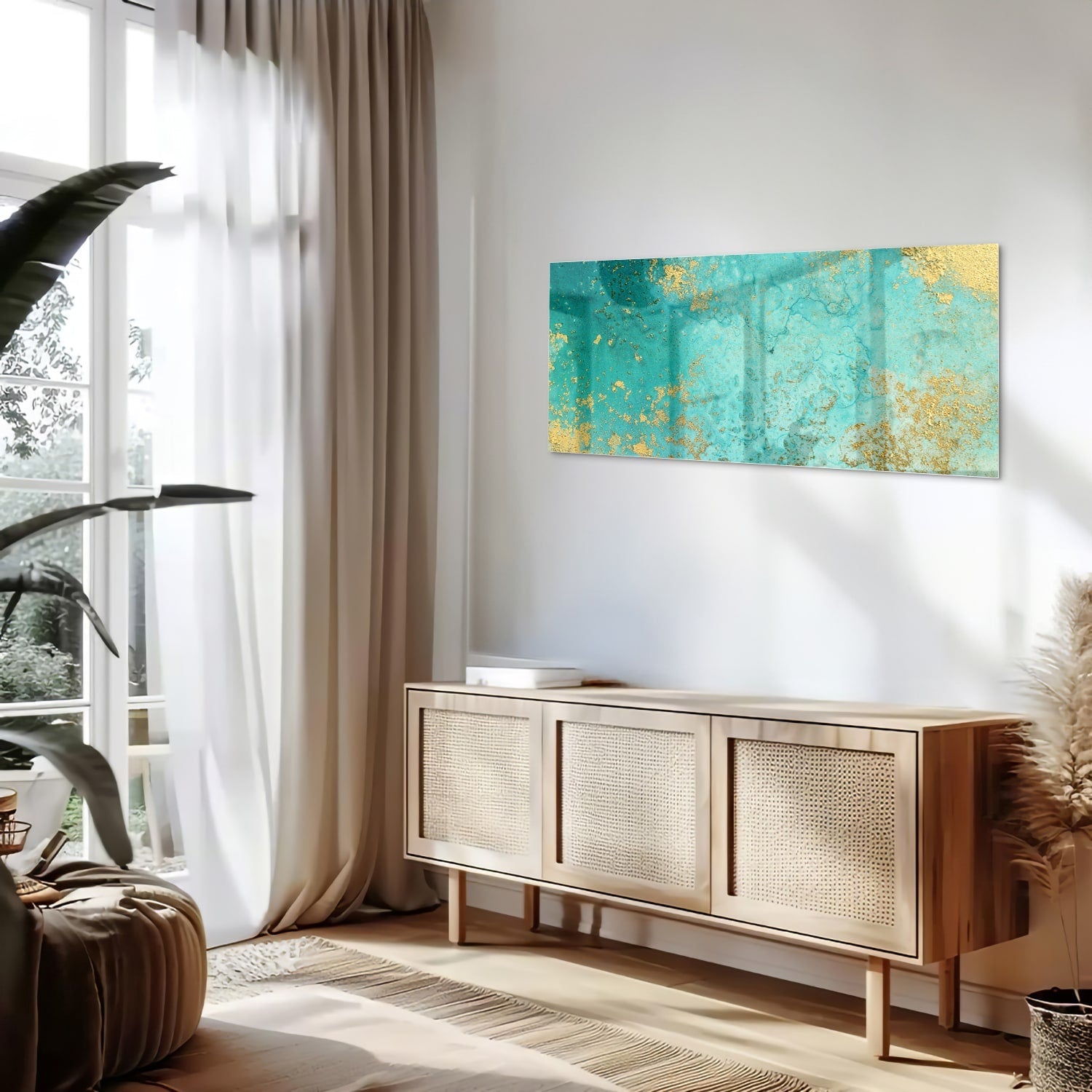 Glasbild mit goldenen Akzenten auf Türkis – Glasbild aus Sicherheitsglas, Größe 60x60_rond
