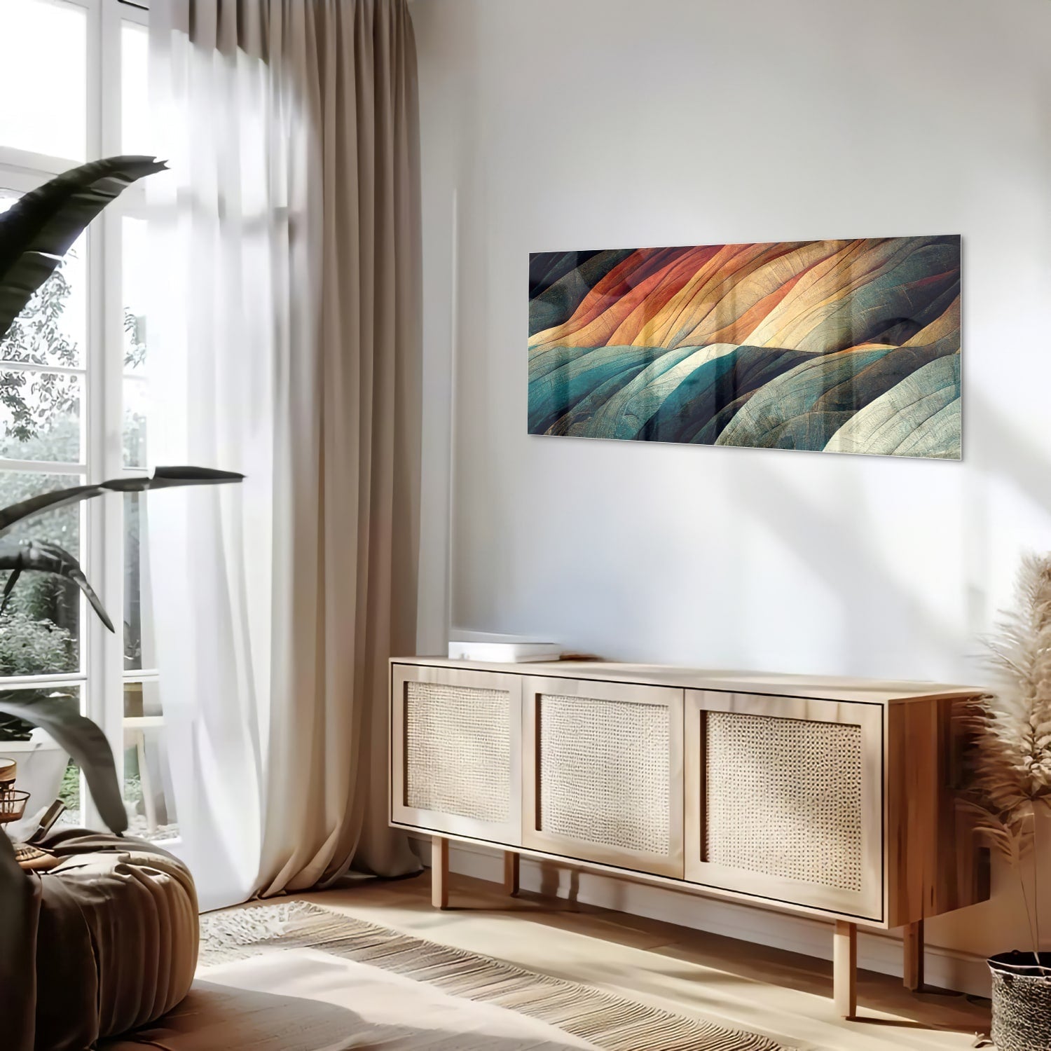 Abstraktes Glasbild mit farbenfrohen Wellen – Glasbild aus Sicherheitsglas, Größe 60x60_rond