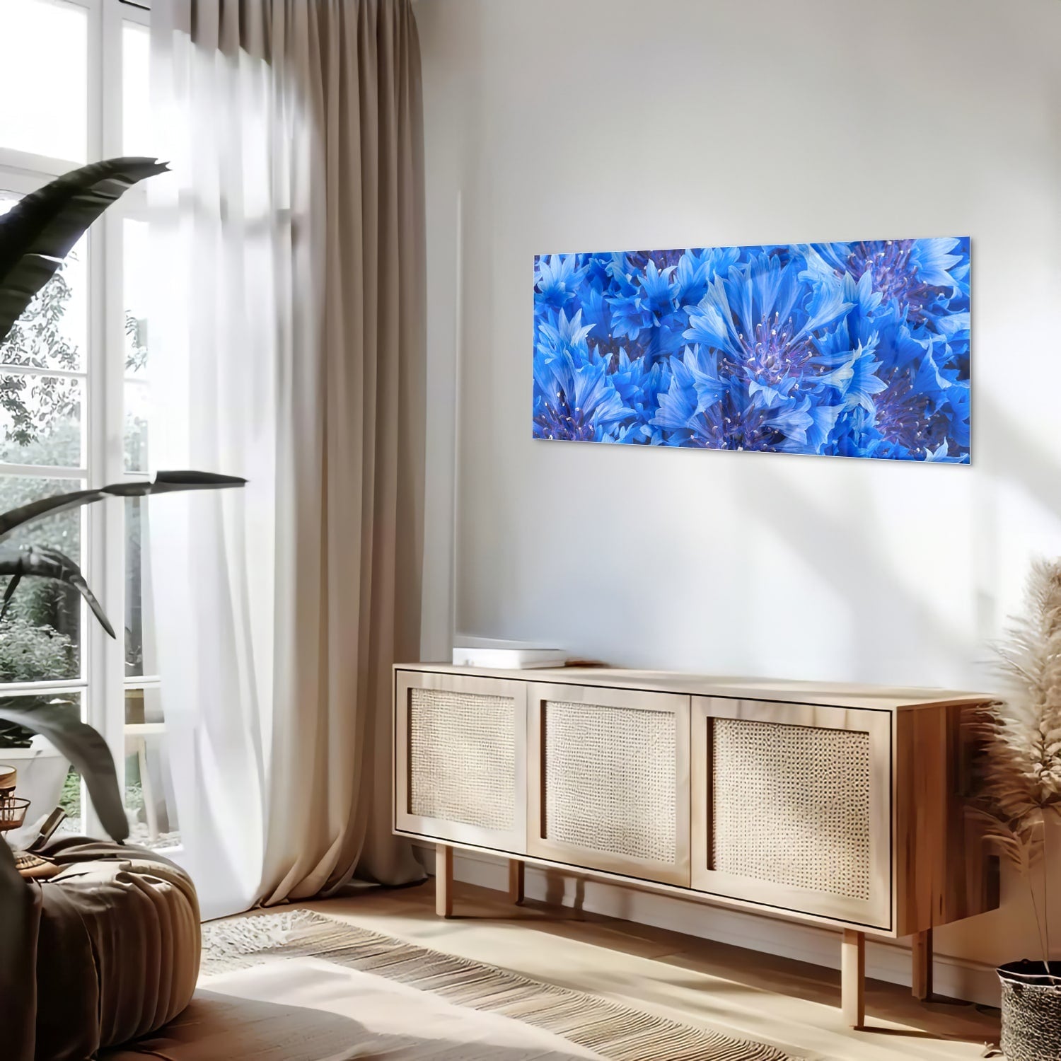 Blaues Glasbild mit Blumenmotiv – Glasbild aus Sicherheitsglas, Größe 60x60_rond