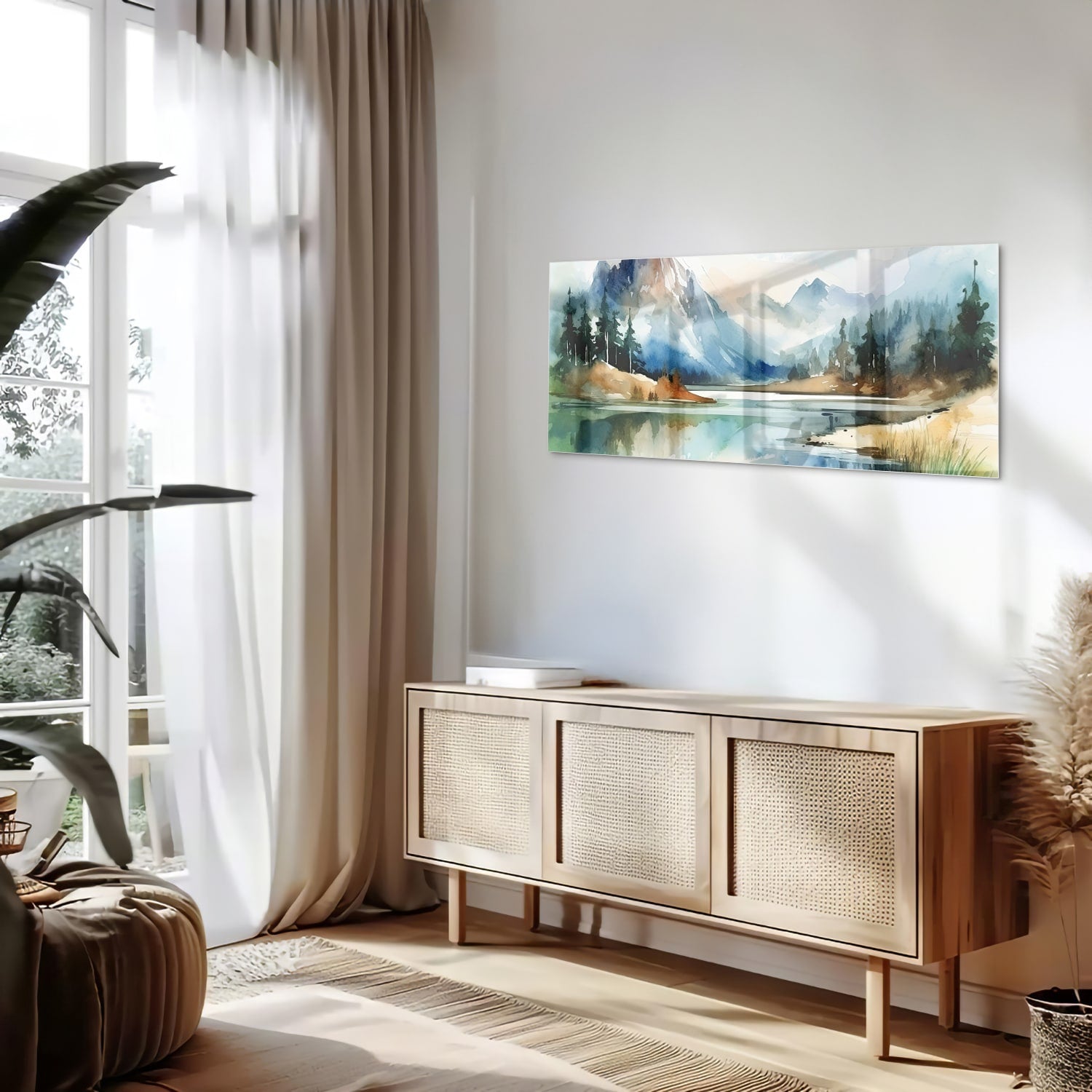Glasbild mit Bergen und See im Aquarellstil – Glasbild aus Sicherheitsglas, Größe 60x60_rond