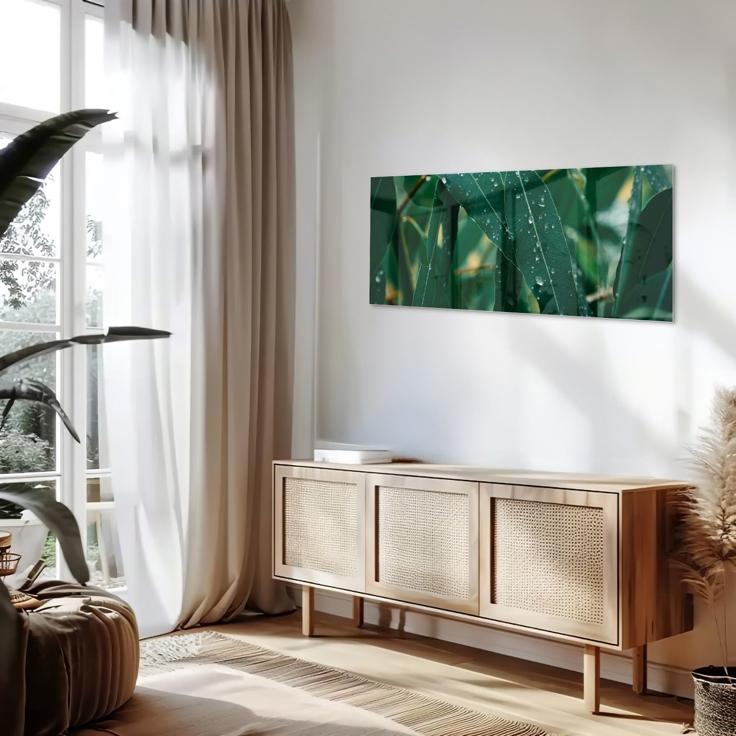 Glasbild mit grünen Blättern und Tautropfen – Glasbild aus Sicherheitsglas, Größe 60x60_rond