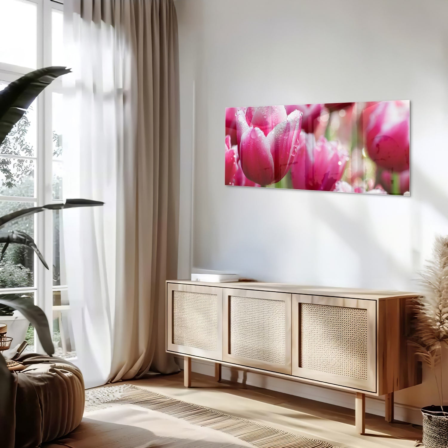 Glasbild mit bezaubernden rosa Tulpen – Glasbild aus Sicherheitsglas, Größe 60x60_rond