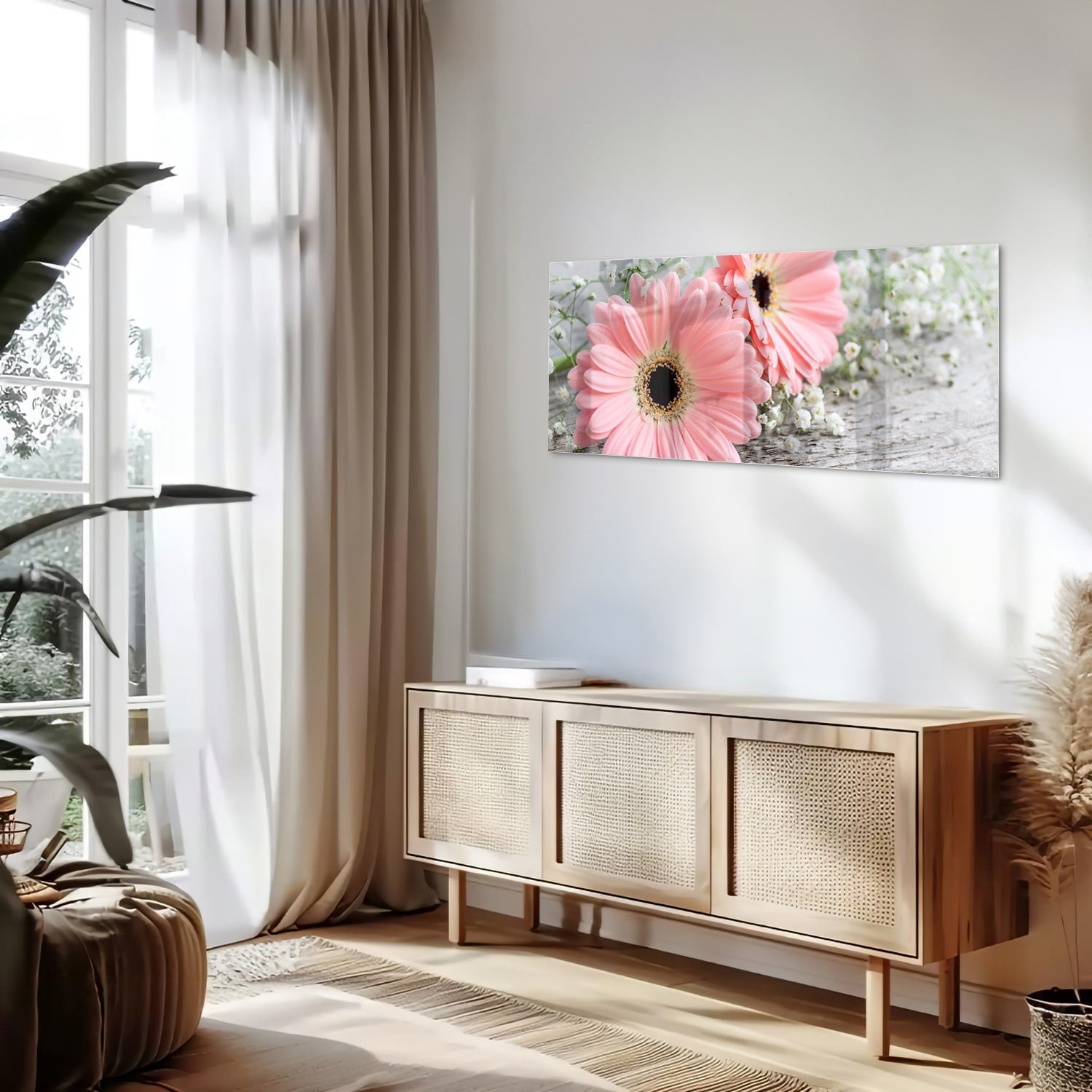 Rosafarbenes Gerbera-Glasbild für ein modernes Zuhause – Glasbild aus Sicherheitsglas, Größe 60x60_rond