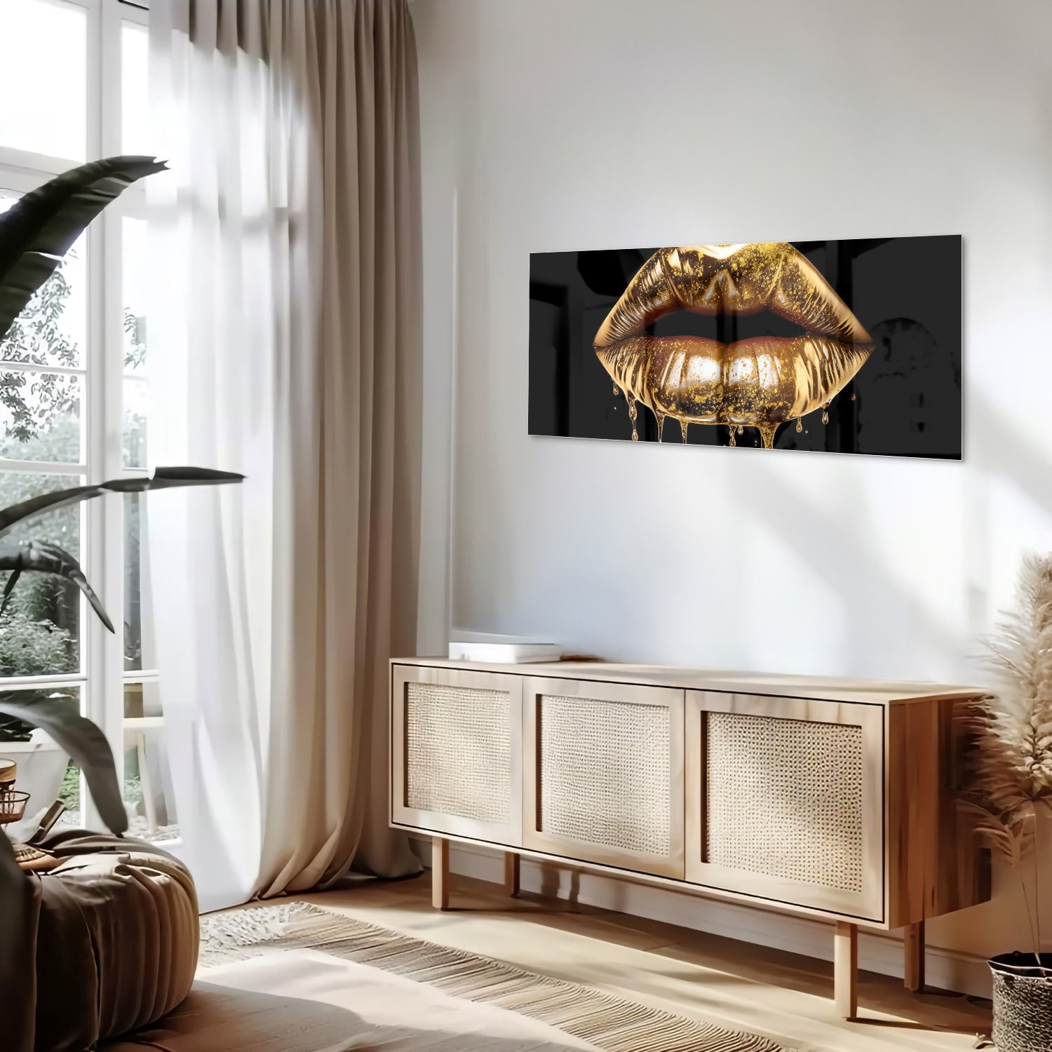 Glasbild mit goldenen Lippen – Wanddekoration für elegante Innenräume – Glasbild aus Sicherheitsglas, Größe 60x60_rond