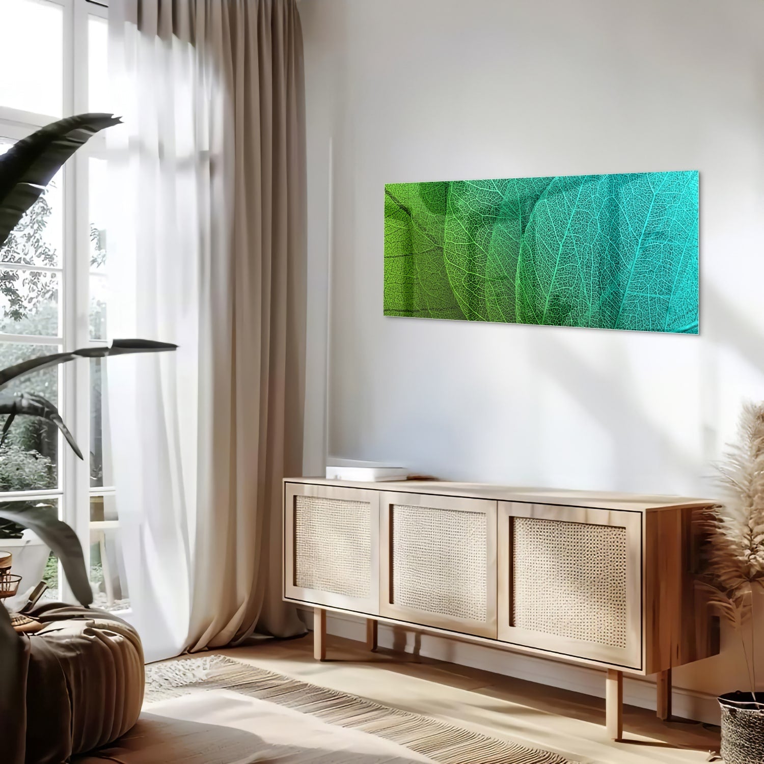Glasbild mit strukturierter Oberfläche aus grünen Blättern – Glasbild aus Sicherheitsglas, Größe 60x60_rond