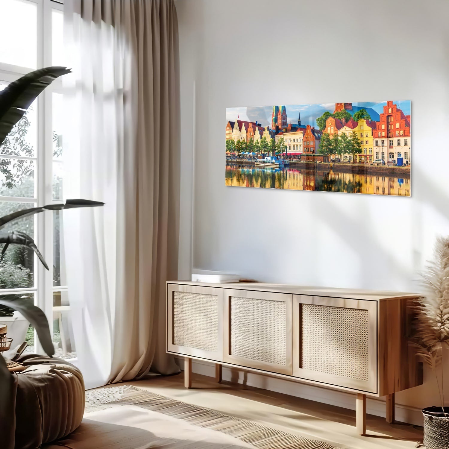 Farbenfrohes Glasbild mit einer Stadtlandschaft – Glasbild aus Sicherheitsglas, Größe 60x60_rond