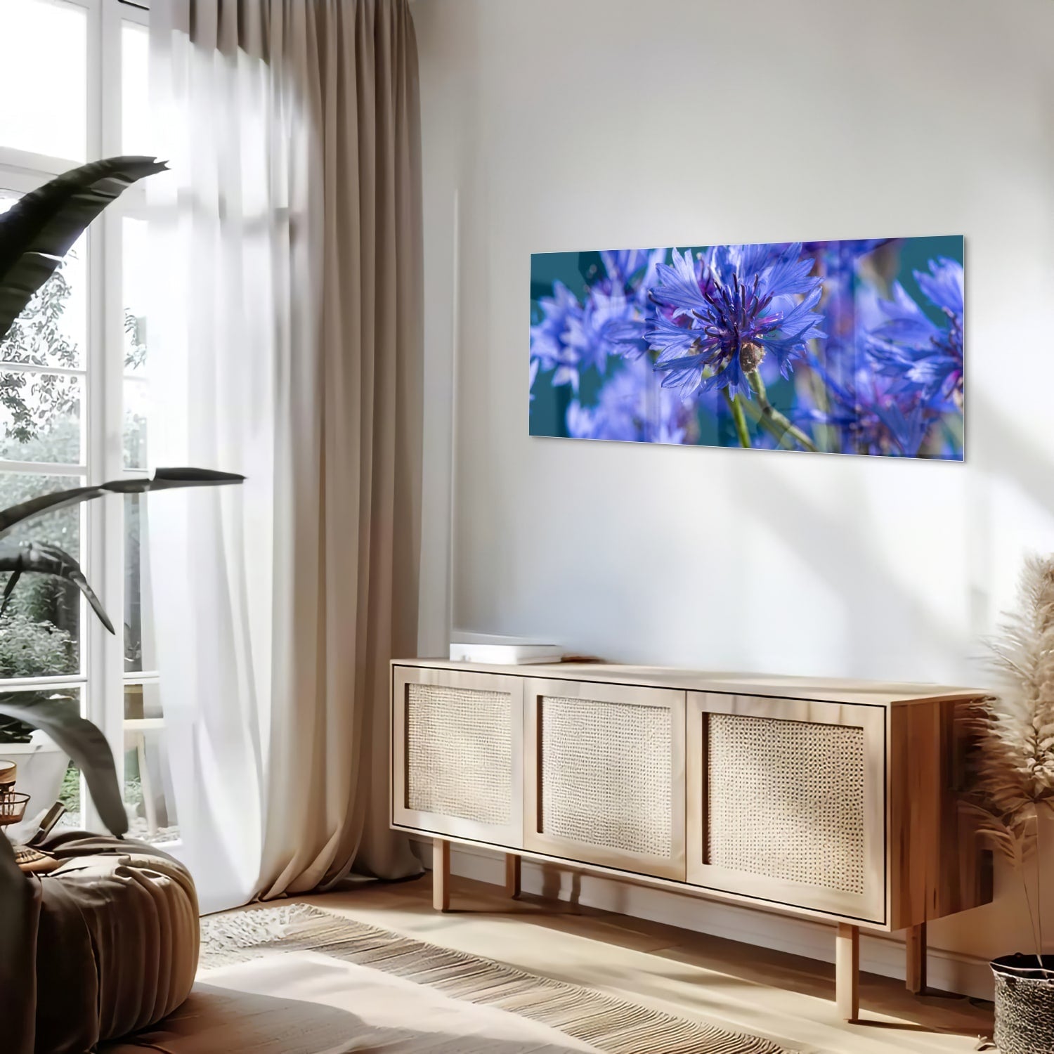 Wunderschönes violettes Glasbild mit Blumenmotiv – Glasbild aus Sicherheitsglas, Größe 60x60_rond
