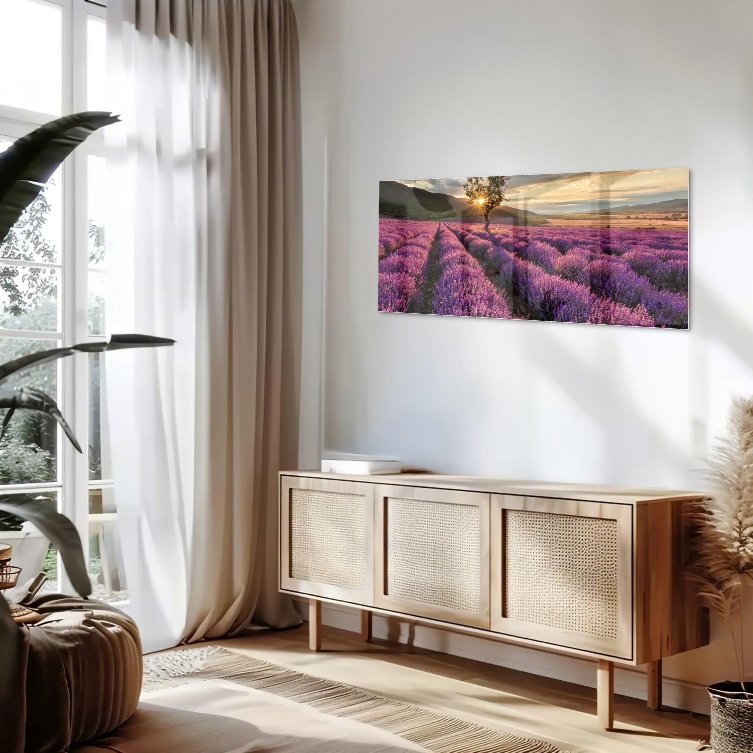 Glasbild mit violetten Lavendelfeldern bei Sonnenuntergang – Glasbild aus Sicherheitsglas, Größe 60x60_rond