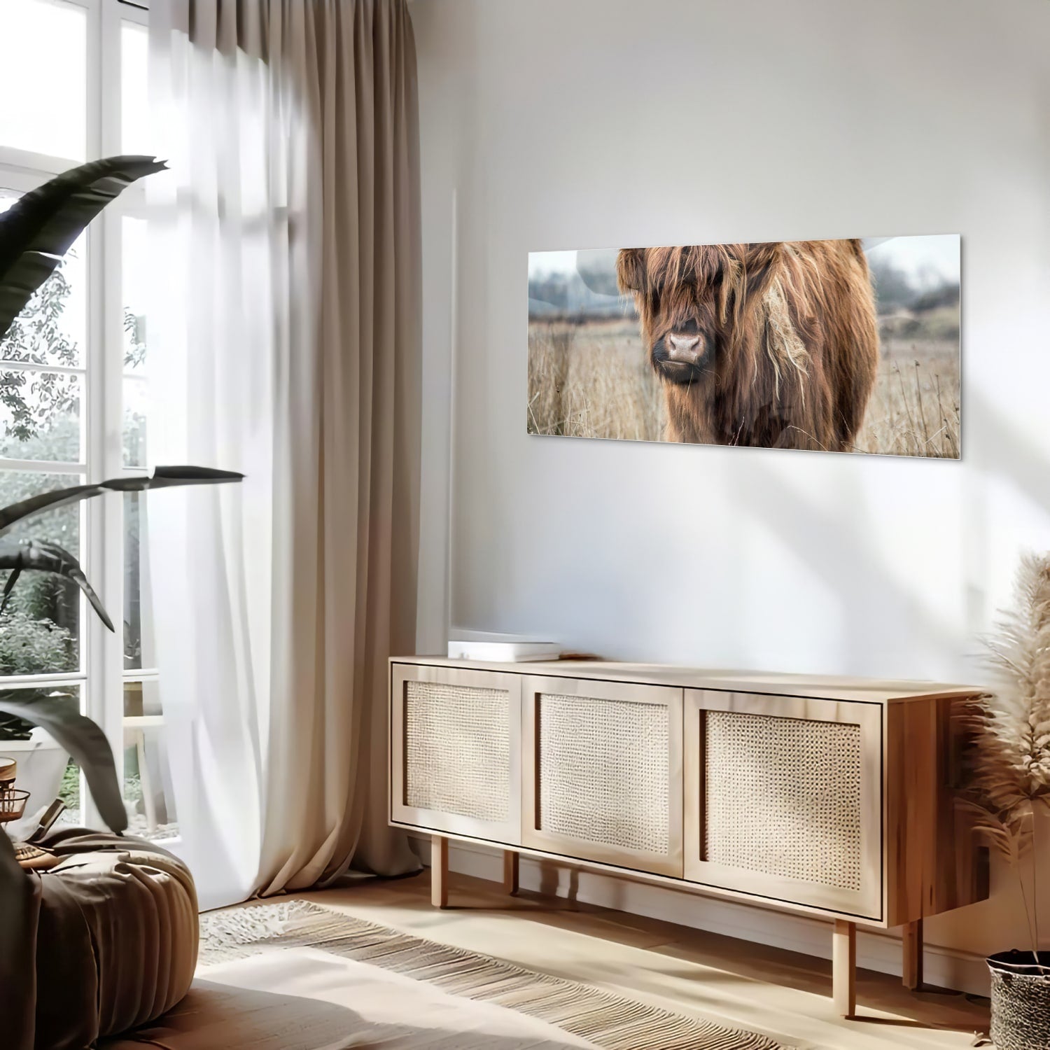 Glasbild mit Hochlandrind in Holzoptik – Glasbild aus Sicherheitsglas, Größe 60x60_rond