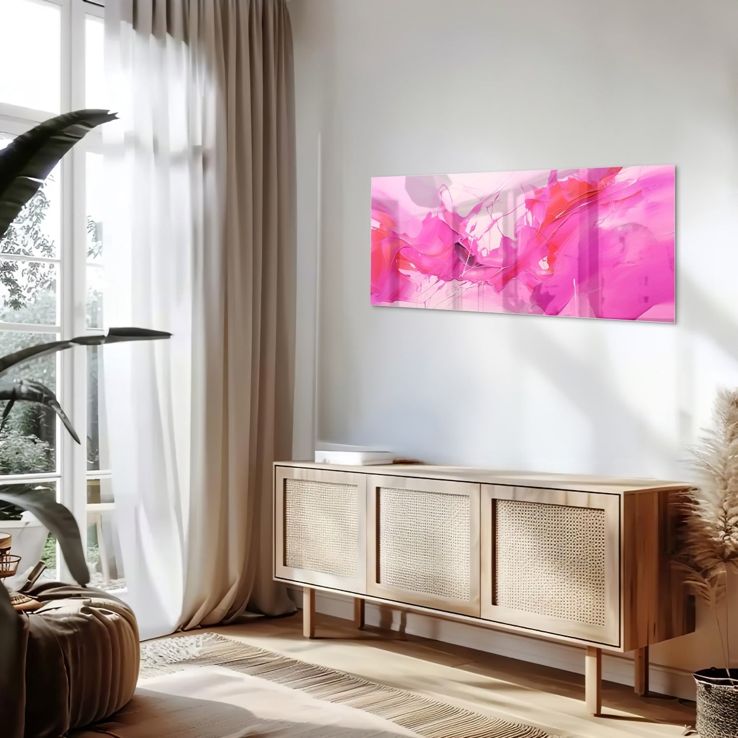 Abstraktes Glasbild in leuchtenden Rosatönen – Glasbild aus Sicherheitsglas, Größe 60x60_rond